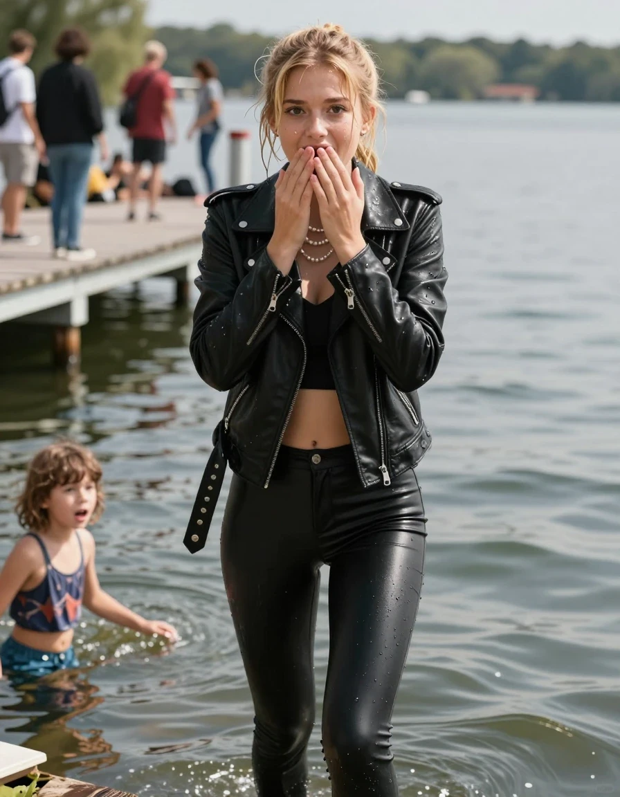 photo of young woman, in soaking wet, drenched clothes,
, Black leatherleggings , Black biker leatherjacket, crop top, Pearl necklace, 15-years-old teenage girl Climbing out of a sunny lake near a crowded Pier , her friend at the Pier looking shocked at her, 
enjoying, wet clothes stuck to body,
detailed textures of the wet clothes, wet face, wet plastered hair,
wet, drenched, professional, high-quality details, full body view.
sharp focus, ultra-high pixel detail, realistic, high-quality, full colors, incredibly detailed, 4k, 8k, 16k, hyper-realistic, RAW photo, masterpiece, ultra-detailed, professionally color graded, professional photograph, A realistic vertical fashion photograph of a 15-years-old teenage girl, positioned in the center of the frame. Blonde ponytail and bangs. Hold her hands on her mouth. Afraid and astonished, open mouth, big eyes. looking at camera., wet skin, wet clothes, damp fabric
