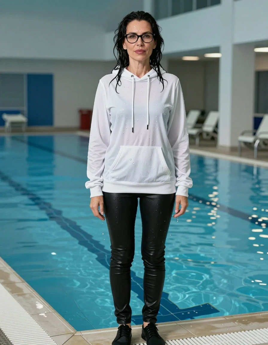 photo of young woman, in soaking wet, drenched clothes,
shoes, long black leather jeans, white hoodie, indoor swimming pool, enjoying wet clothes stuck body, 
enjoying, wet clothes stuck to body,
detailed textures of the wet clothes, wet face, wet plastered hair,
wet, drenched, professional, high-quality details, full body view.
sharp focus, ultra-high pixel detail, realistic, high-quality, full colors, incredibly detailed, 4k, 8k, 16k, hyper-realistic, RAW photo, masterpiece, ultra-detailed, professionally color graded, professional photograph, europen brunette skinny woman 50 years old, long dark black hair, very big and thick lips,  office glasses, complete body, wet skin, wet clothes, damp fabric, wet skin, wet clothes, damp fabric, wet skin, wet clothes, damp fabric, wet skin, wet clothes, damp fabric, wet skin, wet clothes, damp fabric