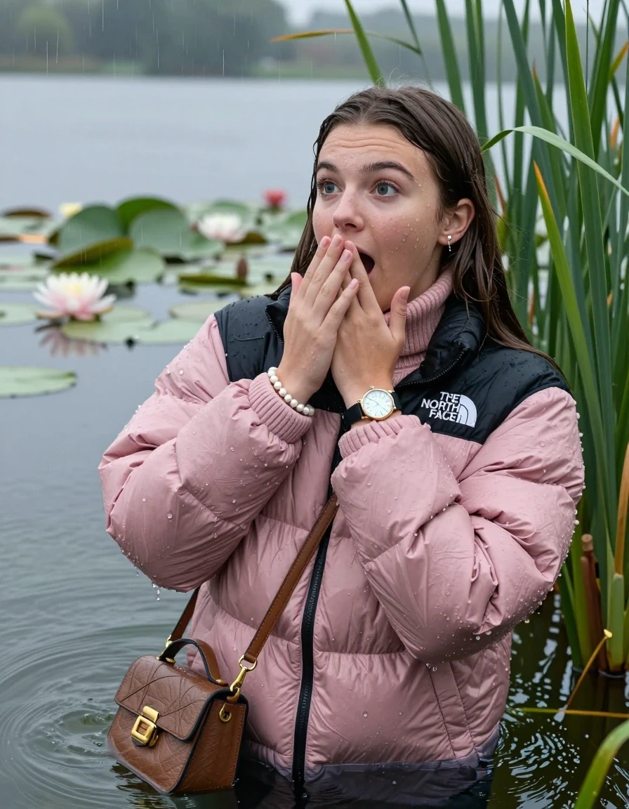 photo of young woman, in soaking wet, drenched clothes,
, , Light pink puffer down jacket from north face,  knit turtleneck sweater, handbag, pearl necklace, bracelet, wristwatch , Emerging after diving in a lake with water lilies and reeds, rain , 
enjoying, wet clothes stuck to body,
detailed textures of the wet clothes, wet face, wet plastered hair,
wet, drenched, professional, high-quality details, full body view.
sharp focus, ultra-high pixel detail, realistic, high-quality, full colors, incredibly detailed, 4k, 8k, 16k, hyper-realistic, RAW photo, masterpiece, ultra-detailed, professionally color graded, professional photograph, Brunette Sleek long straight hair

19 years old  teenage girl

open mouth, big eyes, cover her mouth with a hand and in the other hand her smartphone. Leaning back.  Looking to the side.

she is completely underwater up to her neck, afraid and astonished expression.

She hides in the reeds and is surprised by spectators

her submerged clothes are hardly vusible under water, she soaked her handbag into the water

close up view, wet skin, wet clothes, wet hair, damp fabric, water runs down the clothes, wet skin, wet clothes, damp fabric, wet skin, wet clothes, damp fabric, wet skin, wet clothes, damp fabric, wet skin, wet clothes, damp fabric, wet skin, wet clothes, damp fabric, wet skin, wet clothes, damp fabric, wet skin, wet clothes, damp fabric, wet skin, wet clothes, damp fabric, wet skin, wet clothes, damp fabric, wet skin, wet clothes, damp fabric, wet skin, wet clothes, damp fabric, wet skin, wet clothes, damp fabric, wet skin, wet clothes, damp fabric, wet skin, wet clothes, damp fabric, wet skin, wet clothes, damp fabric