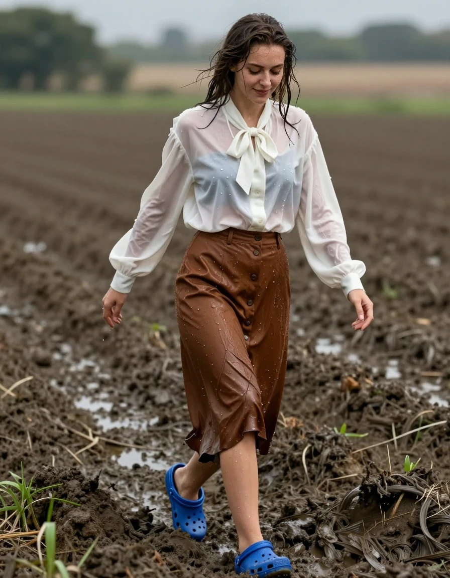 photo of young woman, in soaking wet, drenched clothes,
blue crocs, buttoned down brown long skirt, oversized long sleeved white silk blouse with bowtie, fields, 
enjoying, wet clothes stuck to body,
detailed textures of the wet clothes, wet face, wet plastered hair,
wet, drenched, professional, high-quality details, full body view.
sharp focus, ultra-high pixel detail, realistic, high-quality, full colors, incredibly detailed, 4k, 8k, 16k, hyper-realistic, RAW photo, masterpiece, ultra-detailed, professionally color graded, professional photograph, trampling around in the mud happily, wet skin, wet clothes, damp fabric