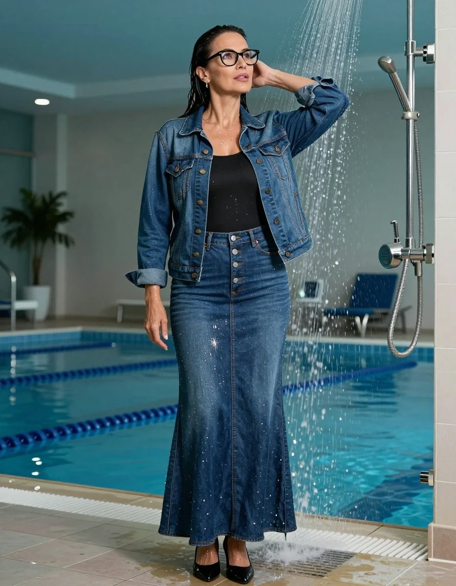 photo of young woman, in soaking wet, drenched clothes,
shoes, maxi flared dark blue denim skirt with buttons, black top with neck with long sleeves, maxi dark blue denim jacket, TAKING SHOWER, indoor swimming pool, enjoying wet clothes stuck body, 
enjoying, wet clothes stuck to body,
detailed textures of the wet clothes, wet face, wet plastered hair,
wet, drenched, professional, high-quality details, full body view.
sharp focus, ultra-high pixel detail, realistic, high-quality, full colors, incredibly detailed, 4k, 8k, 16k, hyper-realistic, RAW photo, masterpiece, ultra-detailed, professionally color graded, professional photograph, europen brunette skinny woman 50 years old, long dark black hair, very big and thick lips,  office glasses, complete body, wet skin, wet clothes, damp fabric, wet skin, wet clothes, damp fabric, wet skin, wet clothes, damp fabric, wet skin, wet clothes, damp fabric, wet skin, wet clothes, damp fabric