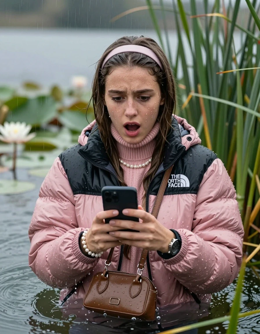 photo of young woman, in soaking wet, drenched clothes,
, , Light pink puffer down jacket from north face,  knit turtleneck sweater, handbag, pearl necklace, bracelet, wristwatch , Emerging after diving in a lake with water lilies and reeds, rain , 
enjoying, wet clothes stuck to body,
detailed textures of the wet clothes, wet face, wet plastered hair,
wet, drenched, professional, high-quality details, full body view.
sharp focus, ultra-high pixel detail, realistic, high-quality, full colors, incredibly detailed, 4k, 8k, 16k, hyper-realistic, RAW photo, masterpiece, ultra-detailed, professionally color graded, professional photograph, Sleek long straight hair, hairband

19 years old  teenage girl

open mouth, big eyes, hold her smartphone in her hands while sinking under water

she is completely underwater up to her neck, frightened and fearful expression.

She hides in the reeds and is surprised by spectators

her submerged clothes are hardly vusible under water, she soaked her handbag into the water

close up view, wet skin, wet clothes, wet hair, damp fabric, water runs down the clothes, wet skin, wet clothes, damp fabric, wet skin, wet clothes, damp fabric, wet skin, wet clothes, damp fabric, wet skin, wet clothes, damp fabric, wet skin, wet clothes, damp fabric, wet skin, wet clothes, damp fabric, wet skin, wet clothes, damp fabric, wet skin, wet clothes, damp fabric, wet skin, wet clothes, damp fabric, wet skin, wet clothes, damp fabric, wet skin, wet clothes, damp fabric, wet skin, wet clothes, damp fabric, wet skin, wet clothes, damp fabric