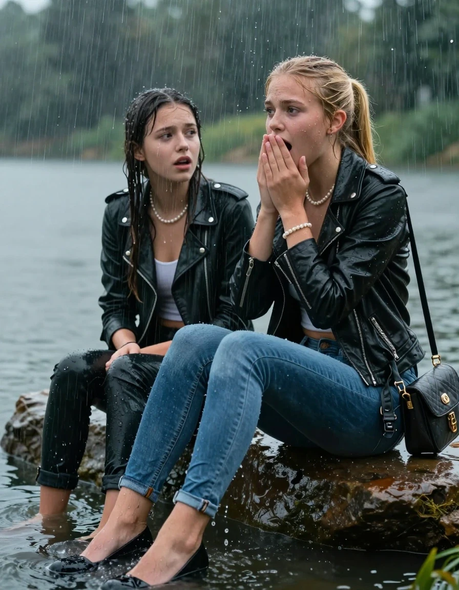 photo of young woman, in soaking wet, drenched clothes,
Pumps,  tight skinny jeans, biker leatherjacket, crop top, Pearl necklace, bracelet, shoulderbag, fully soaked 15-years-old teenage girl and her friend sitting under heavy rain submerged in a lake, enjoying wet clothes stuck body, 
enjoying, wet clothes stuck to body,
detailed textures of the wet clothes, wet face, wet plastered hair,
wet, drenched, professional, high-quality details, full body view.
sharp focus, ultra-high pixel detail, realistic, high-quality, full colors, incredibly detailed, 4k, 8k, 16k, hyper-realistic, RAW photo, masterpiece, ultra-detailed, professionally color graded, professional photograph, fully soaked 15-years-old young teenage girl. wet plastered blonde sleek long ponytail. afraid and astonished, open mouth, half closed eyes. holding her hands on her mouth. looking slightly up. wet skin, wet clothes, water runs from her body and her clothes in streams. A lot of water also runs out of her clothes. Her clothes are darkened by the water. Her submerged clothes are clinging wet.  The girls wear different clothes., wet skin, wet clothes, damp fabric, wet skin, wet clothes, damp fabric, wet skin, wet clothes, damp fabric