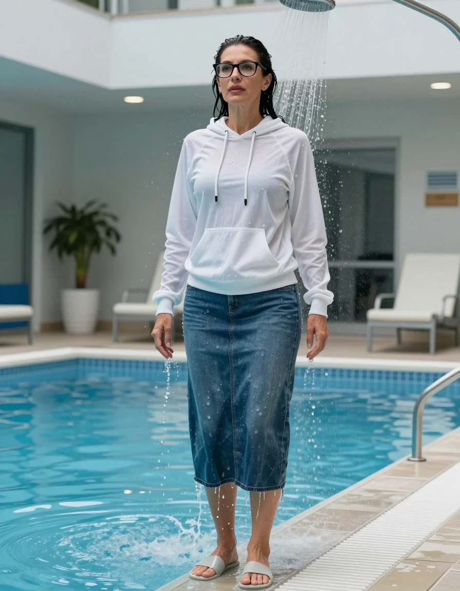 photo of young woman, in soaking wet, drenched clothes,
shoes, long blue denim skirt, white hoodie, TAKING SHOWER, indoor swimming pool, enjoying wet clothes stuck body, 
enjoying, wet clothes stuck to body,
detailed textures of the wet clothes, wet face, wet plastered hair,
wet, drenched, professional, high-quality details, full body view.
sharp focus, ultra-high pixel detail, realistic, high-quality, full colors, incredibly detailed, 4k, 8k, 16k, hyper-realistic, RAW photo, masterpiece, ultra-detailed, professionally color graded, professional photograph, europen brunette skinny woman 50 years old, long dark black hair, very big and thick lips,  office glasses, complete body, wet skin, wet clothes, damp fabric, wet skin, wet clothes, damp fabric, wet skin, wet clothes, damp fabric, wet skin, wet clothes, damp fabric, wet skin, wet clothes, damp fabric