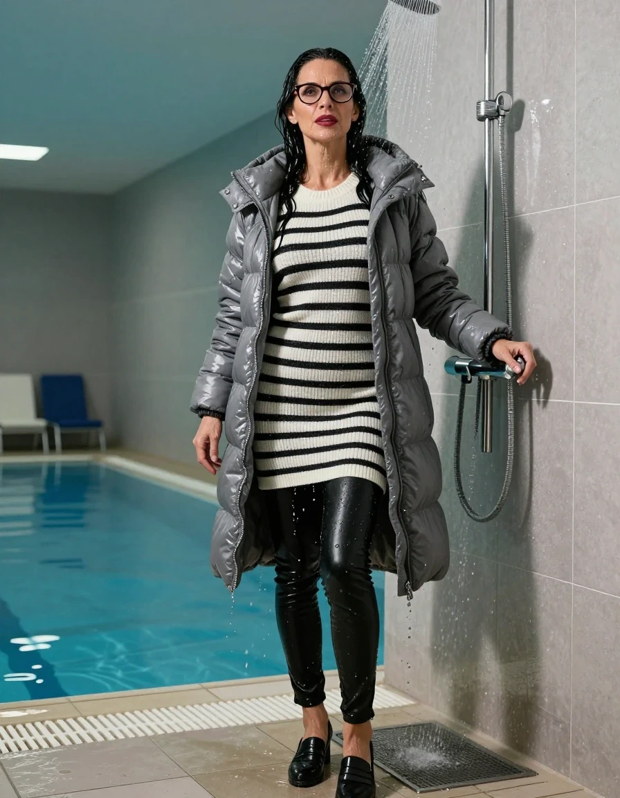 photo of young woman, in soaking wet, drenched clothes,
shoes, long black leather jeans, WHITE & BLACK STRIPED sweater DRESS with neck, maxi gray DOWN JACKET, TAKING SHOWER, indoor swimming pool, enjoying wet clothes stuck body, 
enjoying, wet clothes stuck to body,
detailed textures of the wet clothes, wet face, wet plastered hair,
wet, drenched, professional, high-quality details, full body view.
sharp focus, ultra-high pixel detail, realistic, high-quality, full colors, incredibly detailed, 4k, 8k, 16k, hyper-realistic, RAW photo, masterpiece, ultra-detailed, professionally color graded, professional photograph, europen brunette skinny woman 50 years old, long dark black hair, very big and thick lips,  office glasses, complete body, wet skin, wet clothes, damp fabric, wet skin, wet clothes, damp fabric, wet skin, wet clothes, damp fabric, wet skin, wet clothes, damp fabric, wet skin, wet clothes, damp fabric