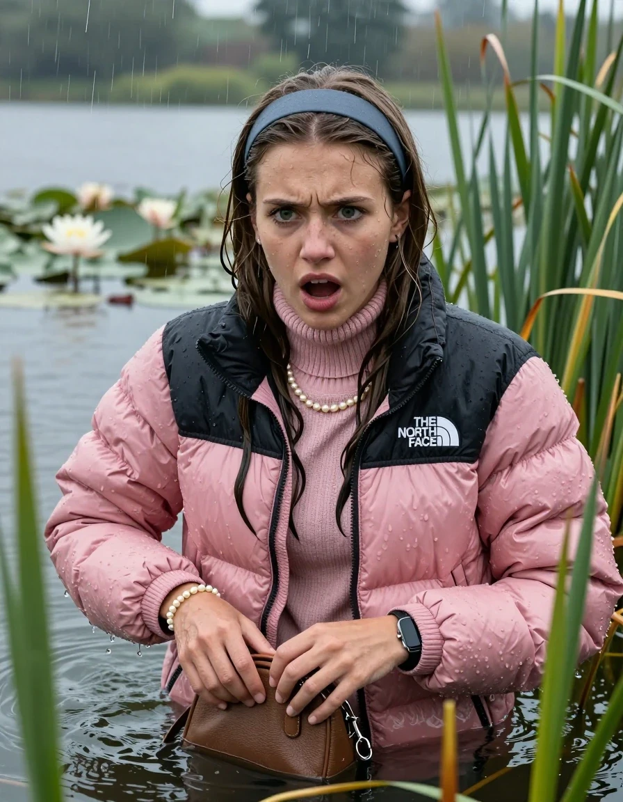 photo of young woman, in soaking wet, drenched clothes,
, , Light pink puffer down jacket from north face,  knit turtleneck sweater, handbag, pearl necklace, bracelet, wristwatch , Emerging after diving in a lake with water lilies and reeds, rain , 
enjoying, wet clothes stuck to body,
detailed textures of the wet clothes, wet face, wet plastered hair,
wet, drenched, professional, high-quality details, full body view.
sharp focus, ultra-high pixel detail, realistic, high-quality, full colors, incredibly detailed, 4k, 8k, 16k, hyper-realistic, RAW photo, masterpiece, ultra-detailed, professionally color graded, professional photograph, Sleek long straight hair, hairband

19 years old  teenage girl

Show the stink Finger, open mouth, big eyes

she is completely underwater up to her neck, frustrated and annoyed expression.

She hides in the reeds and is surprised by spectators

her submerged clothes are hardly vusible under water, she soaked her handbag into the water

close up view, wet skin, wet clothes, wet hair, damp fabric, water runs down the clothes, wet skin, wet clothes, damp fabric, wet skin, wet clothes, damp fabric, wet skin, wet clothes, damp fabric, wet skin, wet clothes, damp fabric, wet skin, wet clothes, damp fabric, wet skin, wet clothes, damp fabric, wet skin, wet clothes, damp fabric, wet skin, wet clothes, damp fabric, wet skin, wet clothes, damp fabric, wet skin, wet clothes, damp fabric, wet skin, wet clothes, damp fabric, wet skin, wet clothes, damp fabric