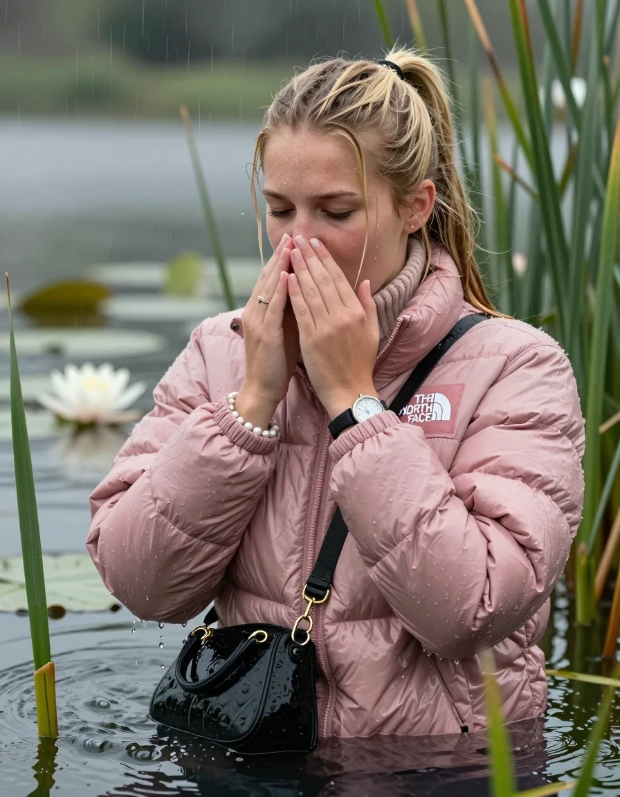 photo of young woman, in soaking wet, drenched clothes,
, , Light pink puffer down jacket from north face,  knit turtleneck sweater, handbag, pearl necklace, bracelet, wristwatch , Emerging after diving in a lake with water lilies and reeds, rain , 
enjoying, wet clothes stuck to body,
detailed textures of the wet clothes, wet face, wet plastered hair,
wet, drenched, professional, high-quality details, full body view.
sharp focus, ultra-high pixel detail, realistic, high-quality, full colors, incredibly detailed, 4k, 8k, 16k, hyper-realistic, RAW photo, masterpiece, ultra-detailed, professionally color graded, professional photograph, Blonde Sleek long ponytail with bangs, hairband

18-years-old  teenage girl

Hold a hands on her nose, open mouth, half closed eyes

she is completely underwater up to her neck, shocked expression.

She hides in the reeds and is surprised by spectators

her submerged clothes are hardly vusible under water, she soaked her handbag into the water

close up view, wet skin, wet clothes, wet hair, damp fabric, water runs down the clothes, wet skin, wet clothes, damp fabric, wet skin, wet clothes, damp fabric, wet skin, wet clothes, damp fabric, wet skin, wet clothes, damp fabric, wet skin, wet clothes, damp fabric, wet skin, wet clothes, damp fabric, wet skin, wet clothes, damp fabric, wet skin, wet clothes, damp fabric, wet skin, wet clothes, damp fabric, wet skin, wet clothes, damp fabric, wet skin, wet clothes, damp fabric, wet skin, wet clothes, damp fabric