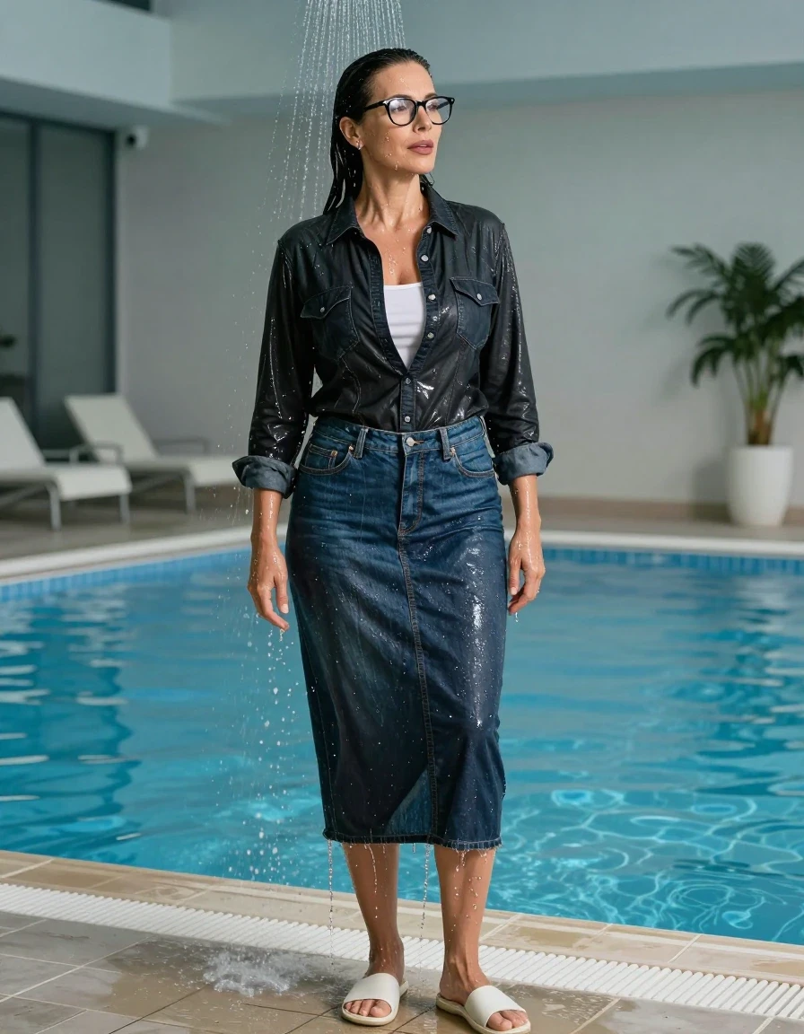 photo of young woman, in soaking wet, drenched clothes,
shoes, long blue denim skirt, white top, maxi black denim shirt dress with long sleeves, TAKING SHOWER, indoor swimming pool, enjoying wet clothes stuck body, 
enjoying, wet clothes stuck to body,
detailed textures of the wet clothes, wet face, wet plastered hair,
wet, drenched, professional, high-quality details, full body view.
sharp focus, ultra-high pixel detail, realistic, high-quality, full colors, incredibly detailed, 4k, 8k, 16k, hyper-realistic, RAW photo, masterpiece, ultra-detailed, professionally color graded, professional photograph, europen brunette skinny woman 50 years old, long dark black hair, very big and thick lips,  office glasses, complete body, wet skin, wet clothes, damp fabric, wet skin, wet clothes, damp fabric, wet skin, wet clothes, damp fabric, wet skin, wet clothes, damp fabric, wet skin, wet clothes, damp fabric