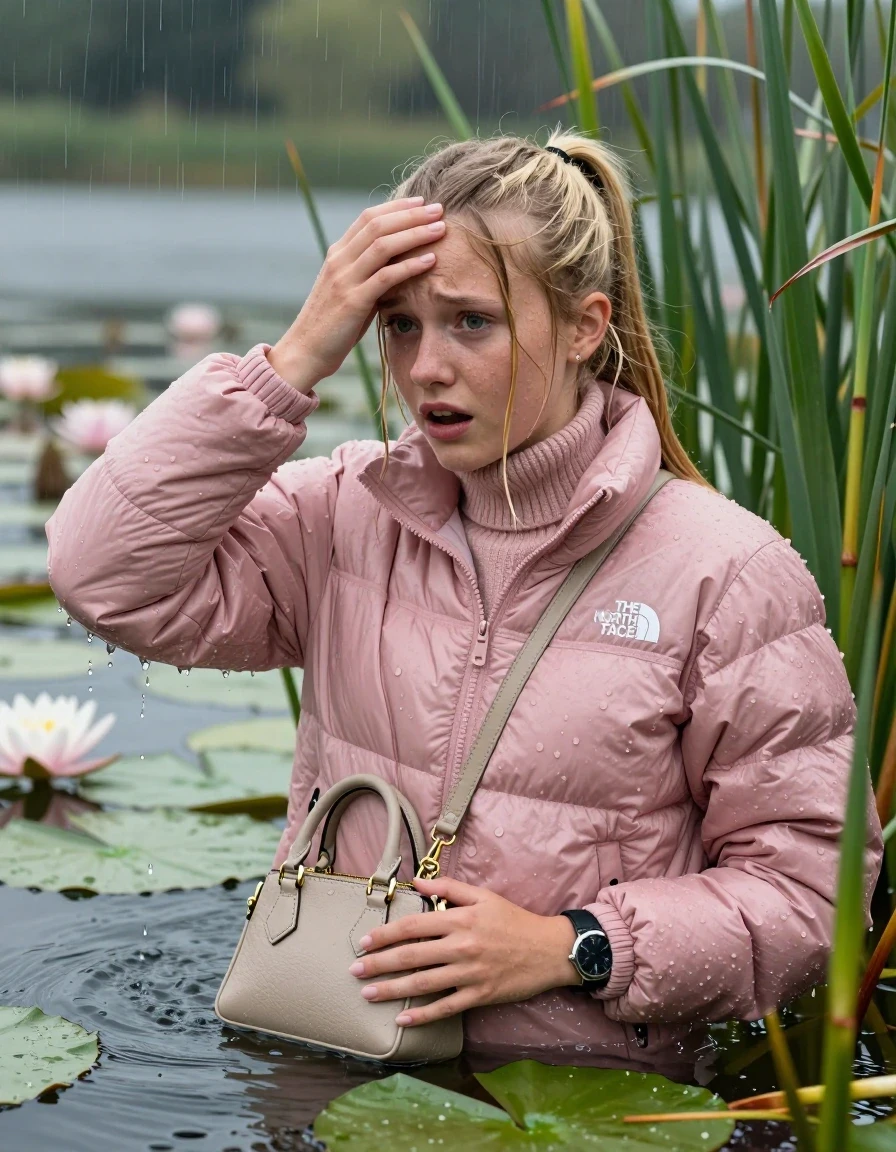 photo of young woman, in soaking wet, drenched clothes,
, , Light pink puffer down jacket from north face,  knit turtleneck sweater, handbag, pearl necklace, bracelet, wristwatch , Emerging after diving in a lake with water lilies and reeds, rain , 
enjoying, wet clothes stuck to body,
detailed textures of the wet clothes, wet face, wet plastered hair,
wet, drenched, professional, high-quality details, full body view.
sharp focus, ultra-high pixel detail, realistic, high-quality, full colors, incredibly detailed, 4k, 8k, 16k, hyper-realistic, RAW photo, masterpiece, ultra-detailed, professionally color graded, professional photograph, Blonde Sleek long ponytail with bangs, hairband

13-years-old  teenage girl

Hold her hand on her forehead, open mouth, big eyes

she is completely underwater up to her neck, frustrated and sad expression.

She hides in the reeds and is surprised by spectators

her submerged clothes are hardly vusible under water, she soaked her handbag into the water

close up view, wet skin, wet clothes, wet hair, damp fabric, water runs down the clothes, wet skin, wet clothes, damp fabric, wet skin, wet clothes, damp fabric, wet skin, wet clothes, damp fabric, wet skin, wet clothes, damp fabric, wet skin, wet clothes, damp fabric, wet skin, wet clothes, damp fabric, wet skin, wet clothes, damp fabric, wet skin, wet clothes, damp fabric, wet skin, wet clothes, damp fabric, wet skin, wet clothes, damp fabric, wet skin, wet clothes, damp fabric, wet skin, wet clothes, damp fabric