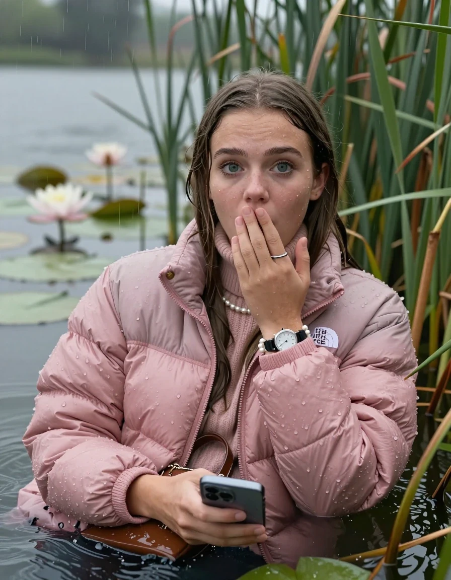 photo of young woman, in soaking wet, drenched clothes,
, , Light pink puffer down jacket from north face,  knit turtleneck sweater, handbag, pearl necklace, bracelet, wristwatch , Emerging after diving in a lake with water lilies and reeds, rain , 
enjoying, wet clothes stuck to body,
detailed textures of the wet clothes, wet face, wet plastered hair,
wet, drenched, professional, high-quality details, full body view.
sharp focus, ultra-high pixel detail, realistic, high-quality, full colors, incredibly detailed, 4k, 8k, 16k, hyper-realistic, RAW photo, masterpiece, ultra-detailed, professionally color graded, professional photograph, Brunette Sleek long straight hair

19 years old  teenage girl

open mouth, big eyes, cover her mouth with a hand and in the other hand her smartphone. Laying her breast on the surface.  Looking at camera.

she is completely underwater up to her neck, afraid and astonished expression.

She hides in the reeds and is surprised by spectators

her submerged clothes are hardly vusible under water, she soaked her handbag into the water

close up view, wet skin, wet clothes, wet hair, damp fabric, water runs down the clothes, wet skin, wet clothes, damp fabric, wet skin, wet clothes, damp fabric, wet skin, wet clothes, damp fabric, wet skin, wet clothes, damp fabric, wet skin, wet clothes, damp fabric, wet skin, wet clothes, damp fabric, wet skin, wet clothes, damp fabric, wet skin, wet clothes, damp fabric, wet skin, wet clothes, damp fabric, wet skin, wet clothes, damp fabric, wet skin, wet clothes, damp fabric, wet skin, wet clothes, damp fabric, wet skin, wet clothes, damp fabric, wet skin, wet clothes, damp fabric, wet skin, wet clothes, damp fabric, wet skin, wet clothes, damp fabric