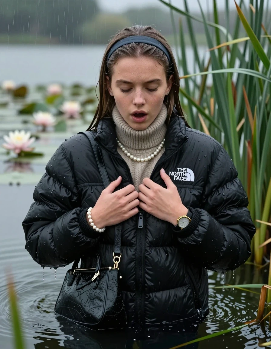 photo of young woman, in soaking wet, drenched clothes,
, , Black puffer down jacket from north face,  knit turtleneck sweater, handbag, pearl necklace, bracelet, wristwatch , knitted scarf, Emerging after diving in a lake with water lilies and reeds, rain , 
enjoying, wet clothes stuck to body,
detailed textures of the wet clothes, wet face, wet plastered hair,
wet, drenched, professional, high-quality details, full body view.
sharp focus, ultra-high pixel detail, realistic, high-quality, full colors, incredibly detailed, 4k, 8k, 16k, hyper-realistic, RAW photo, masterpiece, ultra-detailed, professionally color graded, professional photograph, Sleek long straight hair, hairband

19 years old  teenage girl

she is completely underwater up to her shoulders, careful and shy expression. Looking at camera. Hold her hands on her breast. Open mouth, closed eyes. Ducks into the water.

She hides in the reeds and is surprised by spectators

her submerged clothes are hardly vusible under water, she soaked her handbag into the water

close up view, wet skin, wet clothes, wet hair, damp fabric, water runs down the clothes, wet skin, wet clothes, damp fabric, wet skin, wet clothes, damp fabric, wet skin, wet clothes, damp fabric, wet skin, wet clothes, damp fabric, wet skin, wet clothes, damp fabric, wet skin, wet clothes, damp fabric, wet skin, wet clothes, damp fabric, wet skin, wet clothes, damp fabric, wet skin, wet clothes, damp fabric, wet skin, wet clothes, damp fabric, wet skin, wet clothes, damp fabric, wet skin, wet clothes, damp fabric, wet skin, wet clothes, damp fabric, wet skin, wet clothes, damp fabric