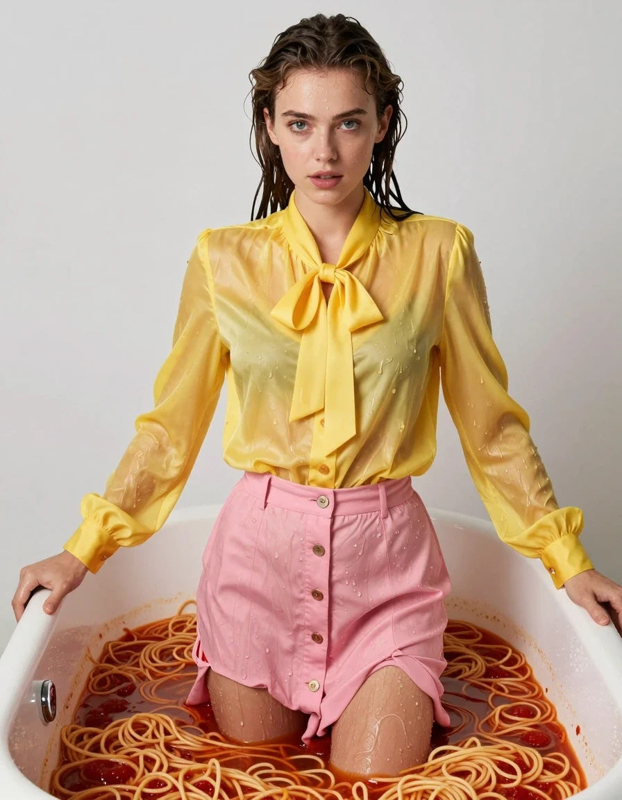 photo of young woman, in soaking wet, drenched clothes,
barefoot, buttoned down pink long skirt, oversized long sleeved yellow silk blouse with bowtie, bathtub, 
enjoying, wet clothes stuck to body,
detailed textures of the wet clothes, wet face, wet plastered hair,
wet, drenched, professional, high-quality details, full body view.
sharp focus, ultra-high pixel detail, realistic, high-quality, full colors, incredibly detailed, 4k, 8k, 16k, hyper-realistic, RAW photo, masterpiece, ultra-detailed, professionally color graded, professional photograph, swimming in spaghetti covered in tomato sauce, wet skin, wet clothes, damp fabric