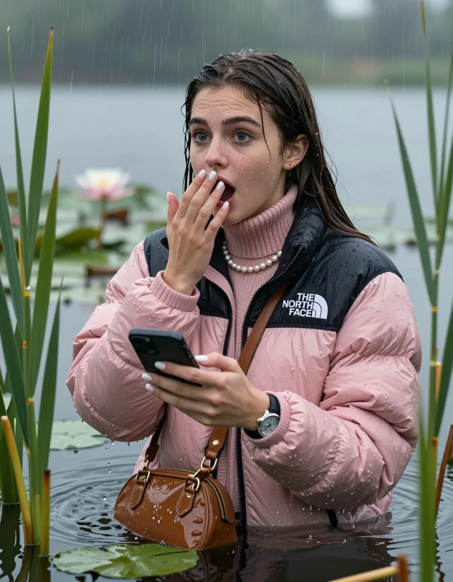 photo of young woman, in soaking wet, drenched clothes,
, , Light pink puffer down jacket from north face,  knit turtleneck sweater, handbag, pearl necklace, bracelet, wristwatch , french nails, Emerging after diving in a lake with water lilies and reeds, rain , 
enjoying, wet clothes stuck to body,
detailed textures of the wet clothes, wet face, wet plastered hair,
wet, drenched, professional, high-quality details, full body view.
sharp focus, ultra-high pixel detail, realistic, high-quality, full colors, incredibly detailed, 4k, 8k, 16k, hyper-realistic, RAW photo, masterpiece, ultra-detailed, professionally color graded, professional photograph, Brunette Sleek long straight hair

19 years old  teenage girl

open mouth, big eyes, hold one hand over her mouth and in the other hand her smartphone. Looking to the side.

she is completely underwater up to her neck, afraid and astonished expression.

She hides in the reeds and is surprised by spectators

her submerged clothes are hardly vusible under water, she soaked her handbag into the water

close up view, wet skin, wet clothes, wet hair, damp fabric, water runs down the clothes, wet skin, wet clothes, damp fabric, wet skin, wet clothes, damp fabric, wet skin, wet clothes, damp fabric, wet skin, wet clothes, damp fabric, wet skin, wet clothes, damp fabric, wet skin, wet clothes, damp fabric, wet skin, wet clothes, damp fabric, wet skin, wet clothes, damp fabric, wet skin, wet clothes, damp fabric, wet skin, wet clothes, damp fabric, wet skin, wet clothes, damp fabric, wet skin, wet clothes, damp fabric, wet skin, wet clothes, damp fabric, wet skin, wet clothes, damp fabric, wet skin, wet clothes, damp fabric