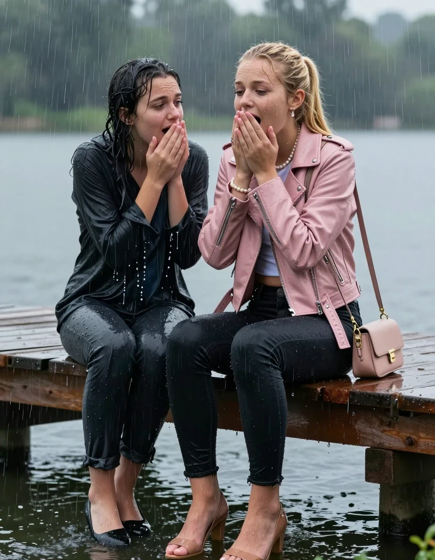 photo of young woman, in soaking wet, drenched clothes,
Pumps,  tight black skinny jeans, Light pink biker leatherjacket, crop top, Pearl necklace, bracelet, shoulderbag, fully soaked 15-years-old teenage girl and her friend sitting under heavy rain on a pier at a lake, enjoying wet clothes stuck body, 
enjoying, wet clothes stuck to body,
detailed textures of the wet clothes, wet face, wet plastered hair,
wet, drenched, professional, high-quality details, full body view.
sharp focus, ultra-high pixel detail, realistic, high-quality, full colors, incredibly detailed, 4k, 8k, 16k, hyper-realistic, RAW photo, masterpiece, ultra-detailed, professionally color graded, professional photograph, fully soaked 15-years-old young teenage girl. wet plastered blonde sleek long ponytail. afraid and astonished, open mouth, half closed eyes. holding her hands on her mouth. looking slightly up. wet skin, wet clothes, water runs from her body and her clothes in streams. A lot of water also runs out of her clothes. Her clothes are darkened by the water. Her submerged clothes are clinging wet.  The girls wear different clothes., wet skin, wet clothes, damp fabric, wet skin, wet clothes, damp fabric, wet skin, wet clothes, damp fabric