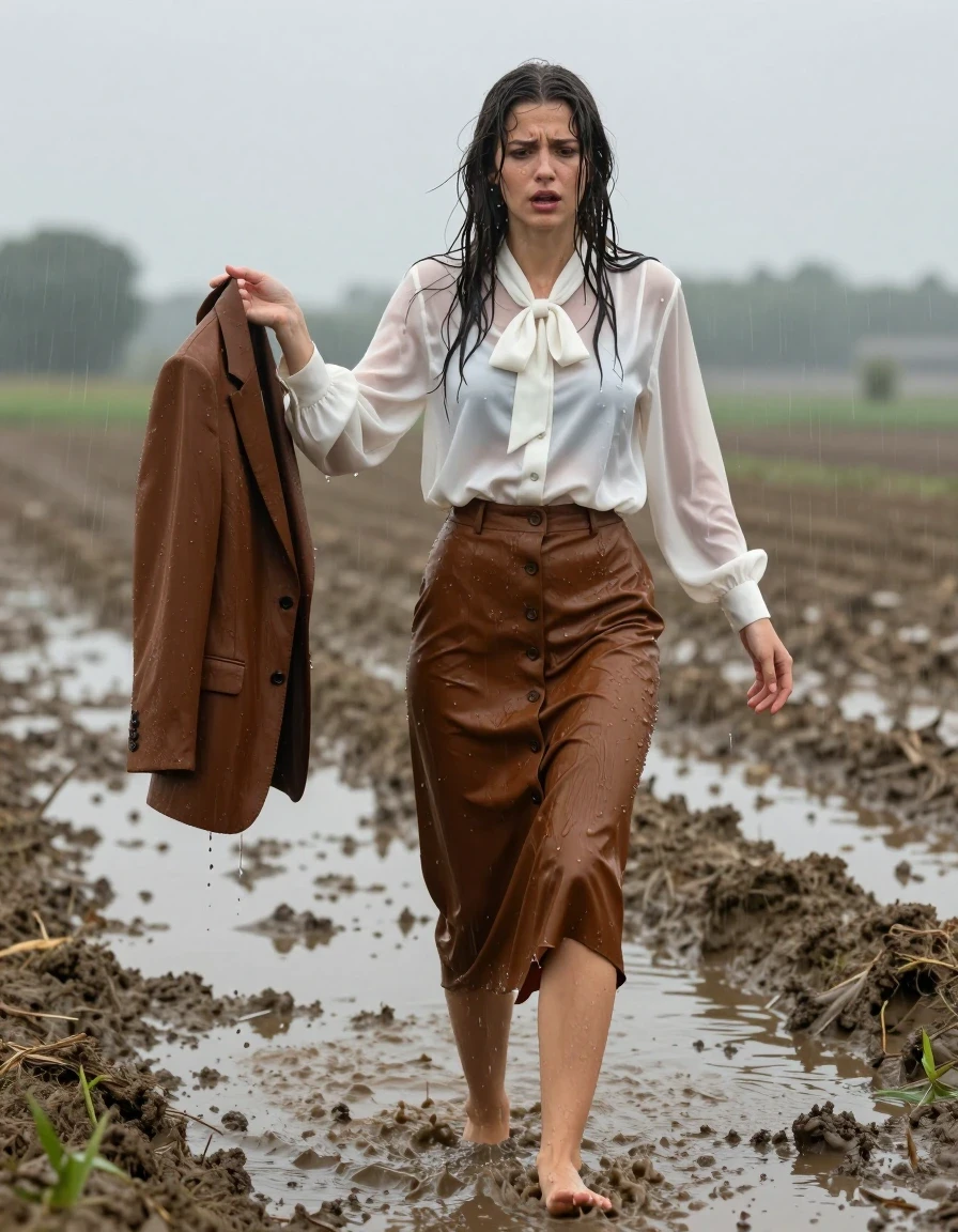 photo of young woman, in soaking wet, drenched clothes,
barefoot, buttoned down brown long skirt, oversized long sleeved white silk blouse with bowtie, brown tuxedo jacket in her hand, fields, 
enjoying, wet clothes stuck to body,
detailed textures of the wet clothes, wet face, wet plastered hair,
wet, drenched, professional, high-quality details, full body view.
sharp focus, ultra-high pixel detail, realistic, high-quality, full colors, incredibly detailed, 4k, 8k, 16k, hyper-realistic, RAW photo, masterpiece, ultra-detailed, professionally color graded, professional photograph, sinking in the mud during a rainstorm, panicking, wet skin, wet clothes, damp fabric