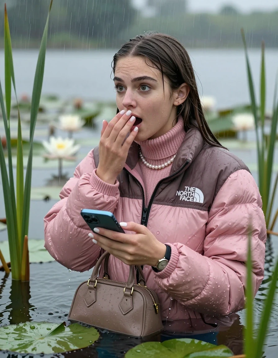 photo of young woman, in soaking wet, drenched clothes,
, , Light pink puffer down jacket from north face,  knit turtleneck sweater, handbag, pearl necklace, bracelet, wristwatch , french nails, Emerging after diving in a lake with water lilies and reeds, rain , 
enjoying, wet clothes stuck to body,
detailed textures of the wet clothes, wet face, wet plastered hair,
wet, drenched, professional, high-quality details, full body view.
sharp focus, ultra-high pixel detail, realistic, high-quality, full colors, incredibly detailed, 4k, 8k, 16k, hyper-realistic, RAW photo, masterpiece, ultra-detailed, professionally color graded, professional photograph, Brunette Sleek long straight hair

19 years old  teenage girl

open mouth, big eyes, hold one hand over her mouth and in the other hand her smartphone. Looking to the side.

she is completely underwater up to her neck, afraid and astonished expression.

She hides in the reeds and is surprised by spectators

her submerged clothes are hardly vusible under water, she soaked her handbag into the water

close up view, wet skin, wet clothes, wet hair, damp fabric, water runs down the clothes, wet skin, wet clothes, damp fabric, wet skin, wet clothes, damp fabric, wet skin, wet clothes, damp fabric, wet skin, wet clothes, damp fabric, wet skin, wet clothes, damp fabric, wet skin, wet clothes, damp fabric, wet skin, wet clothes, damp fabric, wet skin, wet clothes, damp fabric, wet skin, wet clothes, damp fabric, wet skin, wet clothes, damp fabric, wet skin, wet clothes, damp fabric, wet skin, wet clothes, damp fabric, wet skin, wet clothes, damp fabric, wet skin, wet clothes, damp fabric, wet skin, wet clothes, damp fabric