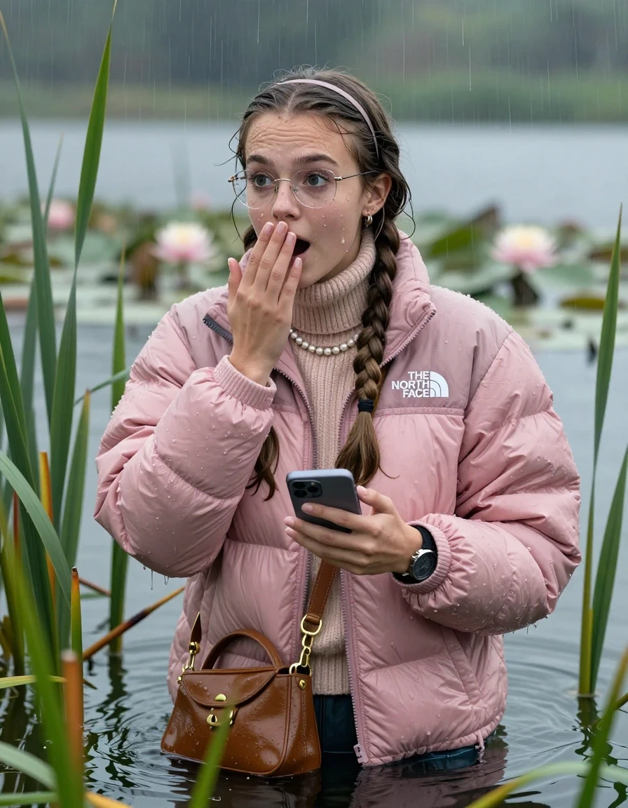 photo of young woman, in soaking wet, drenched clothes,
, , Light pink puffer down jacket from north face,  knit turtleneck sweater, handbag, pearl necklace, bracelet, wristwatch, small glasses, Emerging after diving in a lake with water lilies and reeds, rain , 
enjoying, wet clothes stuck to body,
detailed textures of the wet clothes, wet face, wet plastered hair,
wet, drenched, professional, high-quality details, full body view.
sharp focus, ultra-high pixel detail, realistic, high-quality, full colors, incredibly detailed, 4k, 8k, 16k, hyper-realistic, RAW photo, masterpiece, ultra-detailed, professionally color graded, professional photograph, Two sleek long braids, hairband

19 years old  teenage girl

open mouth, big eyes, hold one hand over her mouth and in the other hand her smartphone. Looking to the side.

she is completely underwater up to her neck, afraid and astonished expression.

She hides in the reeds and is surprised by spectators

her submerged clothes are hardly vusible under water, she soaked her handbag into the water

close up view, wet skin, wet clothes, wet hair, damp fabric, water runs down the clothes, wet skin, wet clothes, damp fabric, wet skin, wet clothes, damp fabric, wet skin, wet clothes, damp fabric, wet skin, wet clothes, damp fabric, wet skin, wet clothes, damp fabric, wet skin, wet clothes, damp fabric, wet skin, wet clothes, damp fabric, wet skin, wet clothes, damp fabric, wet skin, wet clothes, damp fabric, wet skin, wet clothes, damp fabric, wet skin, wet clothes, damp fabric, wet skin, wet clothes, damp fabric, wet skin, wet clothes, damp fabric, wet skin, wet clothes, damp fabric