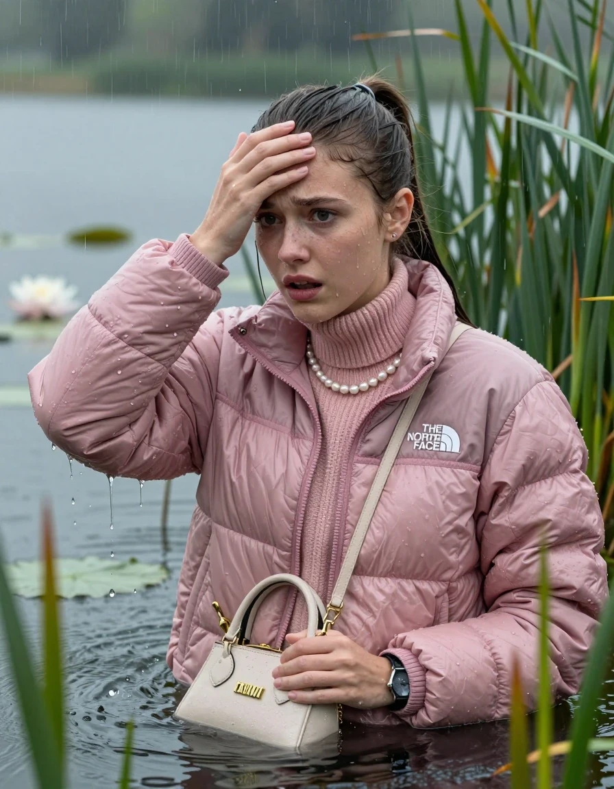 photo of young woman, in soaking wet, drenched clothes,
, , Light pink puffer down jacket from north face,  knit turtleneck sweater, handbag, pearl necklace, bracelet, wristwatch , Emerging after diving in a lake with water lilies and reeds, rain , 
enjoying, wet clothes stuck to body,
detailed textures of the wet clothes, wet face, wet plastered hair,
wet, drenched, professional, high-quality details, full body view.
sharp focus, ultra-high pixel detail, realistic, high-quality, full colors, incredibly detailed, 4k, 8k, 16k, hyper-realistic, RAW photo, masterpiece, ultra-detailed, professionally color graded, professional photograph, Sleek long ponytail, hairband

19 years old  teenage girl

Hold her hand on her forehead, open mouth, big eyes

she is completely underwater up to her neck, frustrated and sad expression.

She hides in the reeds and is surprised by spectators

her submerged clothes are hardly vusible under water, she soaked her handbag into the water

close up view, wet skin, wet clothes, wet hair, damp fabric, water runs down the clothes, wet skin, wet clothes, damp fabric, wet skin, wet clothes, damp fabric, wet skin, wet clothes, damp fabric, wet skin, wet clothes, damp fabric, wet skin, wet clothes, damp fabric, wet skin, wet clothes, damp fabric, wet skin, wet clothes, damp fabric, wet skin, wet clothes, damp fabric, wet skin, wet clothes, damp fabric, wet skin, wet clothes, damp fabric, wet skin, wet clothes, damp fabric, wet skin, wet clothes, damp fabric