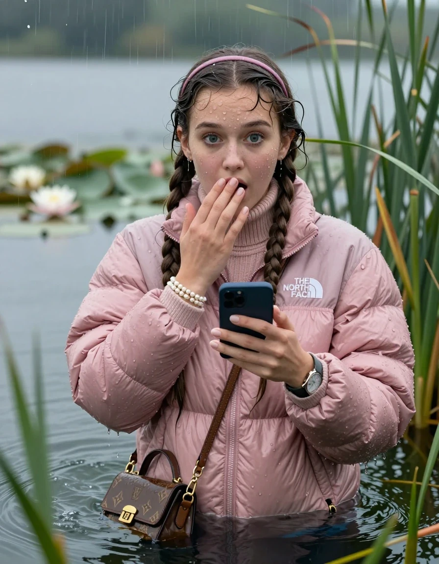 photo of young woman, in soaking wet, drenched clothes,
, , Light pink puffer down jacket from north face,  knit turtleneck sweater, handbag, pearl necklace, bracelet, wristwatch, small glasses, Emerging after diving in a lake with water lilies and reeds, rain , 
enjoying, wet clothes stuck to body,
detailed textures of the wet clothes, wet face, wet plastered hair,
wet, drenched, professional, high-quality details, full body view.
sharp focus, ultra-high pixel detail, realistic, high-quality, full colors, incredibly detailed, 4k, 8k, 16k, hyper-realistic, RAW photo, masterpiece, ultra-detailed, professionally color graded, professional photograph, Two sleek long braids, hairband

19 years old  teenage girl

open mouth, big eyes, hold one hand over her mouth and in the other hand her smartphone. Looking at camera.

she is completely underwater up to her neck, afraid and astonished expression.

She hides in the reeds and is surprised by spectators

her submerged clothes are hardly vusible under water, she soaked her handbag into the water

close up view, wet skin, wet clothes, wet hair, damp fabric, water runs down the clothes, wet skin, wet clothes, damp fabric, wet skin, wet clothes, damp fabric, wet skin, wet clothes, damp fabric, wet skin, wet clothes, damp fabric, wet skin, wet clothes, damp fabric, wet skin, wet clothes, damp fabric, wet skin, wet clothes, damp fabric, wet skin, wet clothes, damp fabric, wet skin, wet clothes, damp fabric, wet skin, wet clothes, damp fabric, wet skin, wet clothes, damp fabric, wet skin, wet clothes, damp fabric, wet skin, wet clothes, damp fabric, wet skin, wet clothes, damp fabric