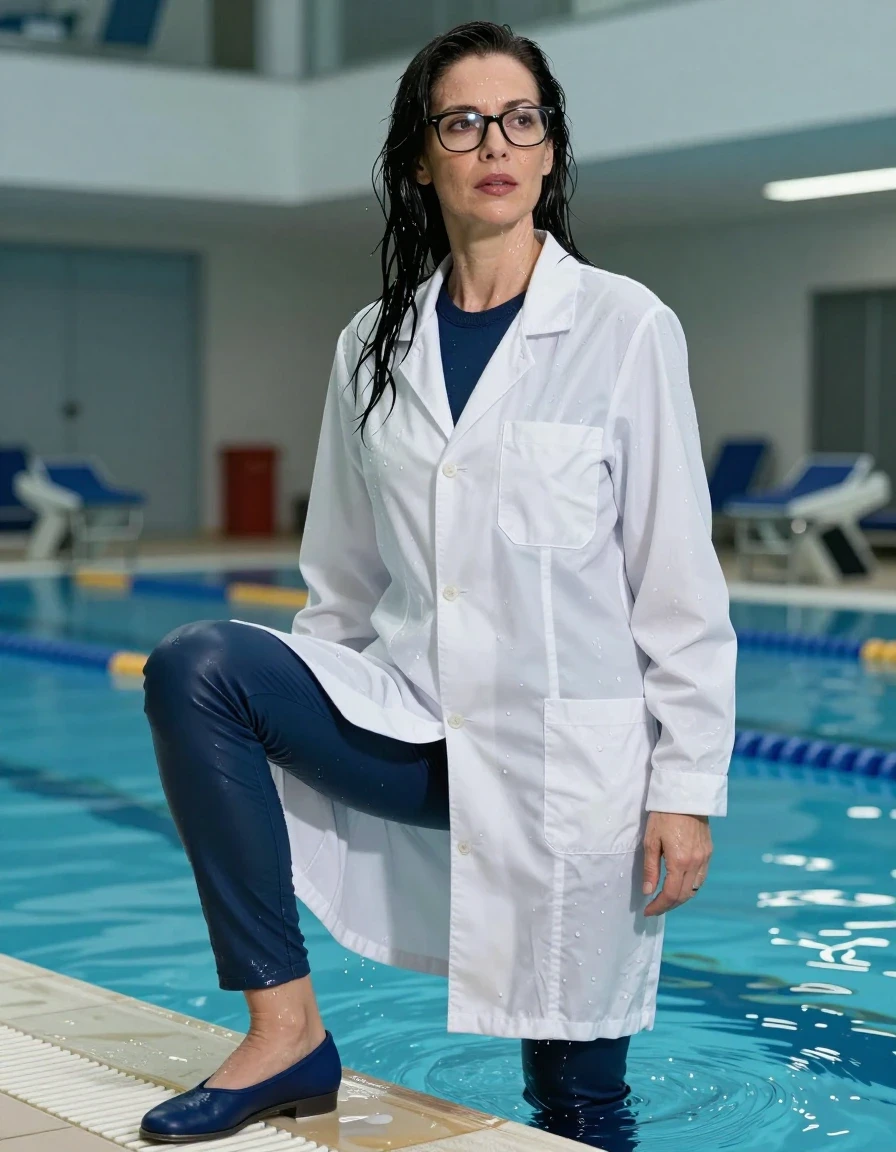 photo of young woman, in soaking wet, drenched clothes,
shoes, long blue leather jeans, dark blue sweater with neck, maxi white labcoat, indoor swimming pool, enjoying wet clothes stuck body, 
enjoying, wet clothes stuck to body,
detailed textures of the wet clothes, wet face, wet plastered hair,
wet, drenched, professional, high-quality details, full body view.
sharp focus, ultra-high pixel detail, realistic, high-quality, full colors, incredibly detailed, 4k, 8k, 16k, hyper-realistic, RAW photo, masterpiece, ultra-detailed, professionally color graded, professional photograph, europen brunette skinny woman 50 years old, long dark black hair, very big and thick lips,  office glasses, complete body, wet skin, wet clothes, damp fabric, wet skin, wet clothes, damp fabric, wet skin, wet clothes, damp fabric, wet skin, wet clothes, damp fabric, wet skin, wet clothes, damp fabric