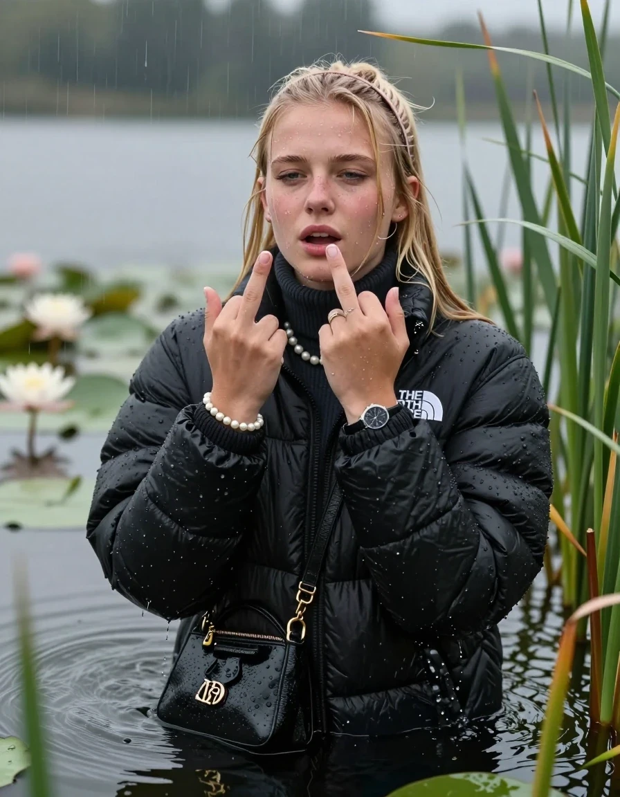 photo of young woman, in soaking wet, drenched clothes,
, , Black puffer down jacket from north face,  knit turtleneck sweater, handbag, pearl necklace, bracelet, wristwatch , Emerging after diving in a lake with water lilies and reeds, rain , 
enjoying, wet clothes stuck to body,
detailed textures of the wet clothes, wet face, wet plastered hair,
wet, drenched, professional, high-quality details, full body view.
sharp focus, ultra-high pixel detail, realistic, high-quality, full colors, incredibly detailed, 4k, 8k, 16k, hyper-realistic, RAW photo, masterpiece, ultra-detailed, professionally color graded, professional photograph, Blonde Sleek long ponytail with bangs, hairband

18-years-old  teenage girl

Shows the stink finger, closed mouth, half closed eyes, looking up

she is completely underwater up to her neck, aroused expression.

She hides in the reeds and is surprised by spectators

her submerged clothes are hardly vusible under water, she soaked her handbag into the water

close up view, wet skin, wet clothes, wet hair, damp fabric, water runs down the clothes, wet skin, wet clothes, damp fabric, wet skin, wet clothes, damp fabric, wet skin, wet clothes, damp fabric, wet skin, wet clothes, damp fabric, wet skin, wet clothes, damp fabric, wet skin, wet clothes, damp fabric, wet skin, wet clothes, damp fabric, wet skin, wet clothes, damp fabric, wet skin, wet clothes, damp fabric, wet skin, wet clothes, damp fabric, wet skin, wet clothes, damp fabric, wet skin, wet clothes, damp fabric