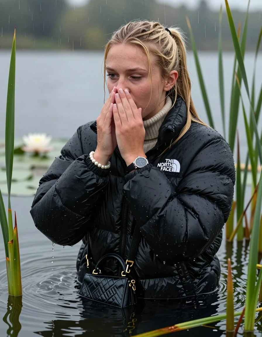 photo of young woman, in soaking wet, drenched clothes,
, , Black puffer down jacket from north face,  knit turtleneck sweater, handbag, pearl necklace, bracelet, wristwatch , Emerging after diving in a lake with water lilies and reeds, rain , 
enjoying, wet clothes stuck to body,
detailed textures of the wet clothes, wet face, wet plastered hair,
wet, drenched, professional, high-quality details, full body view.
sharp focus, ultra-high pixel detail, realistic, high-quality, full colors, incredibly detailed, 4k, 8k, 16k, hyper-realistic, RAW photo, masterpiece, ultra-detailed, professionally color graded, professional photograph, Blonde Sleek long ponytail with bangs, hairband

18-years-old  teenage girl

Close her nose with Two Fingers, closed mouth, half closed eyes, looking up

she is completely underwater up to her neck, shocked expression.

She hides in the reeds and is surprised by spectators

her submerged clothes are hardly vusible under water, she soaked her handbag into the water

close up view, wet skin, wet clothes, wet hair, damp fabric, water runs down the clothes, wet skin, wet clothes, damp fabric, wet skin, wet clothes, damp fabric, wet skin, wet clothes, damp fabric, wet skin, wet clothes, damp fabric, wet skin, wet clothes, damp fabric, wet skin, wet clothes, damp fabric, wet skin, wet clothes, damp fabric, wet skin, wet clothes, damp fabric, wet skin, wet clothes, damp fabric, wet skin, wet clothes, damp fabric, wet skin, wet clothes, damp fabric, wet skin, wet clothes, damp fabric