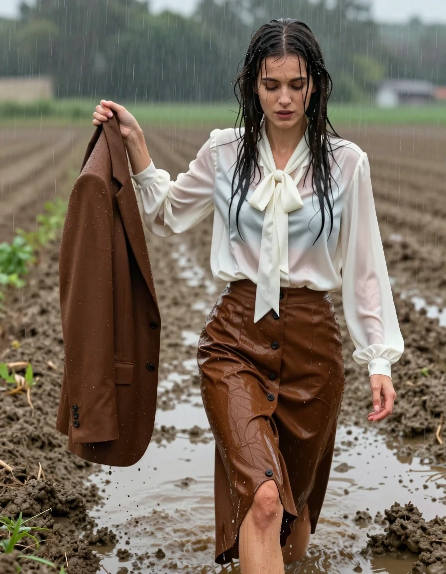 photo of young woman, in soaking wet, drenched clothes,
barefoot, buttoned down brown long skirt, oversized long sleeved white silk blouse with bowtie, brown tuxedo jacket in her hand, fields, 
enjoying, wet clothes stuck to body,
detailed textures of the wet clothes, wet face, wet plastered hair,
wet, drenched, professional, high-quality details, full body view.
sharp focus, ultra-high pixel detail, realistic, high-quality, full colors, incredibly detailed, 4k, 8k, 16k, hyper-realistic, RAW photo, masterpiece, ultra-detailed, professionally color graded, professional photograph, sinking in the mud during a rainstorm, crawling around, wet skin, wet clothes, damp fabric