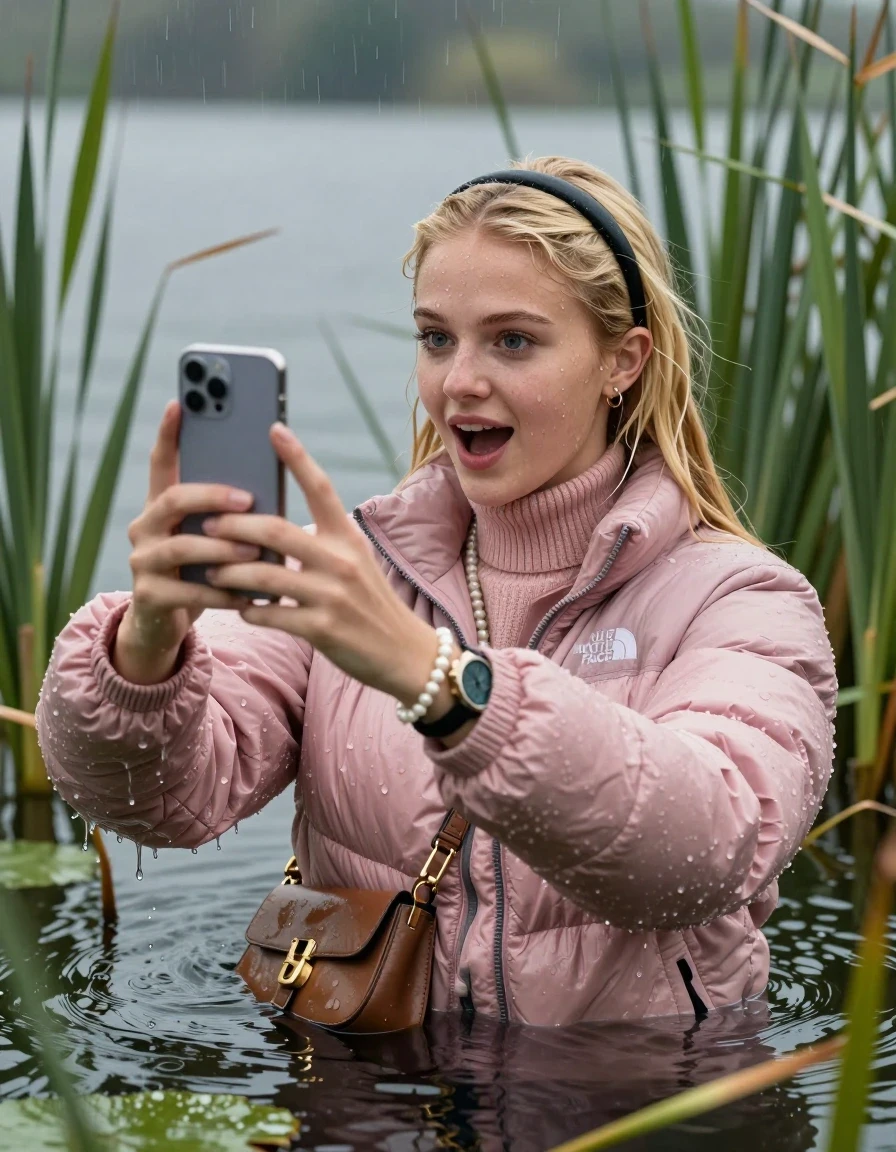photo of young woman, in soaking wet, drenched clothes,
, , Light pink puffer down jacket from north face,  knit turtleneck sweater, handbag, pearl necklace, bracelet, earrings, wristwatch , Emerging after diving in a lake with water lilies and reeds, rain , 
enjoying, wet clothes stuck to body,
detailed textures of the wet clothes, wet face, wet plastered hair,
wet, drenched, professional, high-quality details, full body view.
sharp focus, ultra-high pixel detail, realistic, high-quality, full colors, incredibly detailed, 4k, 8k, 16k, hyper-realistic, RAW photo, masterpiece, ultra-detailed, professionally color graded, professional photograph, Blonde Sleek long straight hair, hairband

19 years old  teenage girl

open mouth, big eyes, hold her smartphone in her hands while sinking under water and take a selfie 

she is completely underwater up to her neck, satisfied and enthusiastic expression.

She hides in the reeds and is surprised by spectators

her submerged clothes are hardly vusible under water, she soaked her handbag into the water

close up view, wet skin, wet clothes, wet hair, damp fabric, water runs down the clothes, wet skin, wet clothes, damp fabric, wet skin, wet clothes, damp fabric, wet skin, wet clothes, damp fabric, wet skin, wet clothes, damp fabric, wet skin, wet clothes, damp fabric, wet skin, wet clothes, damp fabric, wet skin, wet clothes, damp fabric, wet skin, wet clothes, damp fabric, wet skin, wet clothes, damp fabric, wet skin, wet clothes, damp fabric, wet skin, wet clothes, damp fabric, wet skin, wet clothes, damp fabric, wet skin, wet clothes, damp fabric