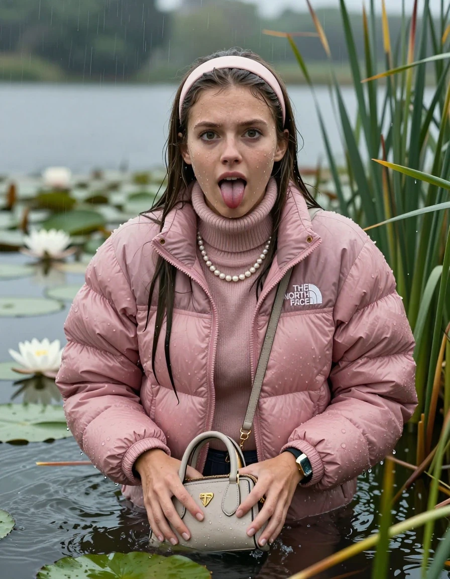 photo of young woman, in soaking wet, drenched clothes,
, , Light pink puffer down jacket from north face,  knit turtleneck sweater, handbag, pearl necklace, bracelet, wristwatch , Emerging after diving in a lake with water lilies and reeds, rain , 
enjoying, wet clothes stuck to body,
detailed textures of the wet clothes, wet face, wet plastered hair,
wet, drenched, professional, high-quality details, full body view.
sharp focus, ultra-high pixel detail, realistic, high-quality, full colors, incredibly detailed, 4k, 8k, 16k, hyper-realistic, RAW photo, masterpiece, ultra-detailed, professionally color graded, professional photograph, Sleek long straight hair, hairband

19 years old  teenage girl

Stick out her tongue, open mouth, big eyes

she is completely underwater up to her neck, afraid  and astonished expression.

She hides in the reeds and is surprised by spectators

her submerged clothes are hardly vusible under water, she soaked her handbag into the water

close up view, wet skin, wet clothes, wet hair, damp fabric, water runs down the clothes, wet skin, wet clothes, damp fabric, wet skin, wet clothes, damp fabric, wet skin, wet clothes, damp fabric, wet skin, wet clothes, damp fabric, wet skin, wet clothes, damp fabric, wet skin, wet clothes, damp fabric, wet skin, wet clothes, damp fabric, wet skin, wet clothes, damp fabric, wet skin, wet clothes, damp fabric, wet skin, wet clothes, damp fabric, wet skin, wet clothes, damp fabric, wet skin, wet clothes, damp fabric