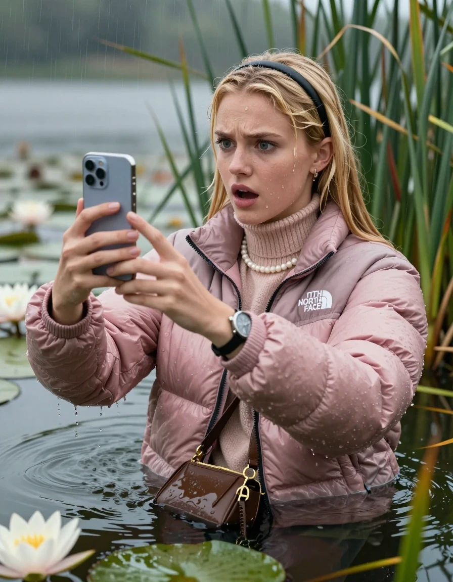 photo of young woman, in soaking wet, drenched clothes,
, , Light pink puffer down jacket from north face,  knit turtleneck sweater, handbag, pearl necklace, bracelet, earrings, wristwatch , Emerging after diving in a lake with water lilies and reeds, rain , 
enjoying, wet clothes stuck to body,
detailed textures of the wet clothes, wet face, wet plastered hair,
wet, drenched, professional, high-quality details, full body view.
sharp focus, ultra-high pixel detail, realistic, high-quality, full colors, incredibly detailed, 4k, 8k, 16k, hyper-realistic, RAW photo, masterpiece, ultra-detailed, professionally color graded, professional photograph, Blonde Sleek long straight hair, hairband

19 years old  teenage girl

open mouth, big eyes, hold her smartphone in her hands while sinking under water and take a selfie 

she is completely underwater up to her neck, worried and embarassed expression.

She hides in the reeds and is surprised by spectators

her submerged clothes are hardly vusible under water, she soaked her handbag into the water

close up view, wet skin, wet clothes, wet hair, damp fabric, water runs down the clothes, wet skin, wet clothes, damp fabric, wet skin, wet clothes, damp fabric, wet skin, wet clothes, damp fabric, wet skin, wet clothes, damp fabric, wet skin, wet clothes, damp fabric, wet skin, wet clothes, damp fabric, wet skin, wet clothes, damp fabric, wet skin, wet clothes, damp fabric, wet skin, wet clothes, damp fabric, wet skin, wet clothes, damp fabric, wet skin, wet clothes, damp fabric, wet skin, wet clothes, damp fabric, wet skin, wet clothes, damp fabric