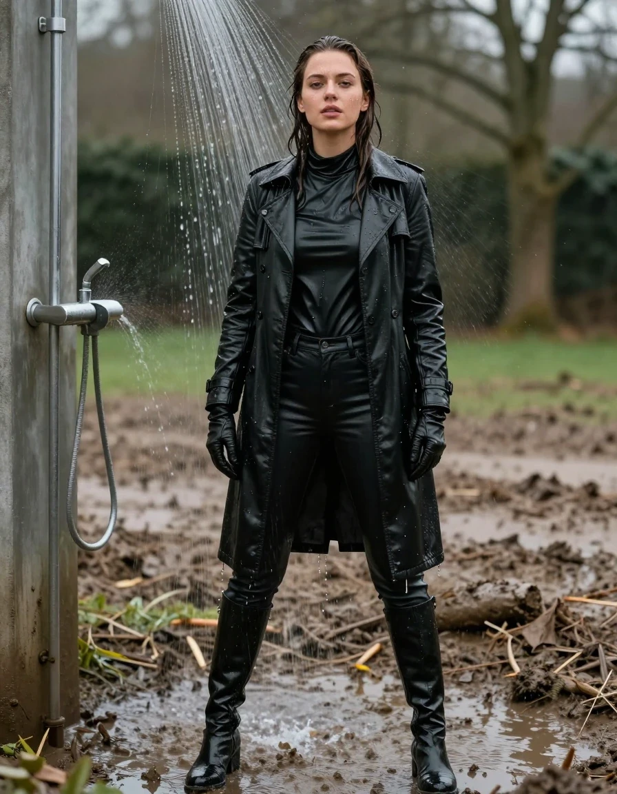 photo of young woman, in soaking wet, drenched clothes,
black leather knee-high boots, black leather jeans, black leather polar neck shirt, leather gloves on both hands, black leather trench coat, standing under an indoor shower, drenched, 
enjoying, wet clothes stuck to body,
detailed textures of the wet clothes, wet face, wet plastered hair,
wet, drenched, professional, high-quality details, full body view.
sharp focus, ultra-high pixel detail, realistic, high-quality, full colors, incredibly detailed, 4k, 8k, 16k, hyper-realistic, RAW photo, masterpiece, ultra-detailed, professionally color graded, professional photograph, white woman, long dripping wet brown hair,, wet skin, wet clothes, damp fabric, standing directly under the water from the fountain, wet skin, wet clothes, damp fabric, covered in mud from the muddy field, wet skin, wet clothes, damp fabric