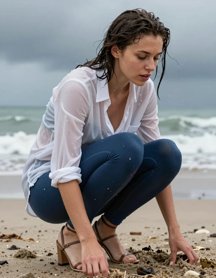 photo of young woman, in soaking wet, drenched clothes,
Strappy heels , Blue leggings , White blouse , Beach, 
enjoying, wet clothes stuck to body,
detailed textures of the wet clothes, wet face, wet plastered hair,
wet, drenched, professional, high-quality details, full body view.
sharp focus, ultra-high pixel detail, realistic, high-quality, full colors, incredibly detailed, 4k, 8k, 16k, hyper-realistic, RAW photo, masterpiece, ultra-detailed, professionally color graded, professional photograph, Storm, wet skin, wet clothes, damp fabric