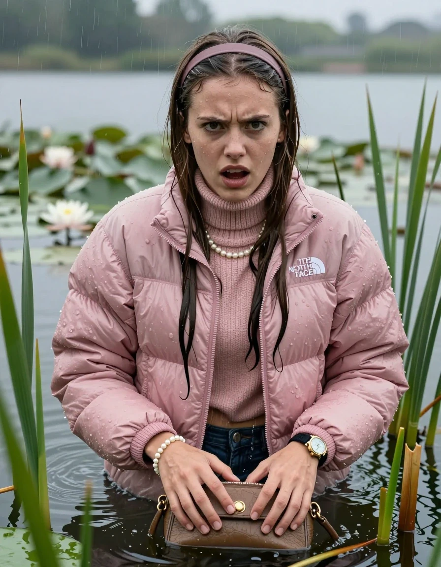 photo of young woman, in soaking wet, drenched clothes,
, , Light pink puffer down jacket from north face,  knit turtleneck sweater, handbag, pearl necklace, bracelet, wristwatch , Emerging after diving in a lake with water lilies and reeds, rain , 
enjoying, wet clothes stuck to body,
detailed textures of the wet clothes, wet face, wet plastered hair,
wet, drenched, professional, high-quality details, full body view.
sharp focus, ultra-high pixel detail, realistic, high-quality, full colors, incredibly detailed, 4k, 8k, 16k, hyper-realistic, RAW photo, masterpiece, ultra-detailed, professionally color graded, professional photograph, Sleek long straight hair, hairband

19 years old  teenage girl

Show the stink Finger, open mouth, big eyes

she is completely underwater up to her neck, angry and annoyed expression.

She hides in the reeds and is surprised by spectators

her submerged clothes are hardly vusible under water, she soaked her handbag into the water

close up view, wet skin, wet clothes, wet hair, damp fabric, water runs down the clothes, wet skin, wet clothes, damp fabric, wet skin, wet clothes, damp fabric, wet skin, wet clothes, damp fabric, wet skin, wet clothes, damp fabric, wet skin, wet clothes, damp fabric, wet skin, wet clothes, damp fabric, wet skin, wet clothes, damp fabric, wet skin, wet clothes, damp fabric, wet skin, wet clothes, damp fabric, wet skin, wet clothes, damp fabric, wet skin, wet clothes, damp fabric, wet skin, wet clothes, damp fabric
