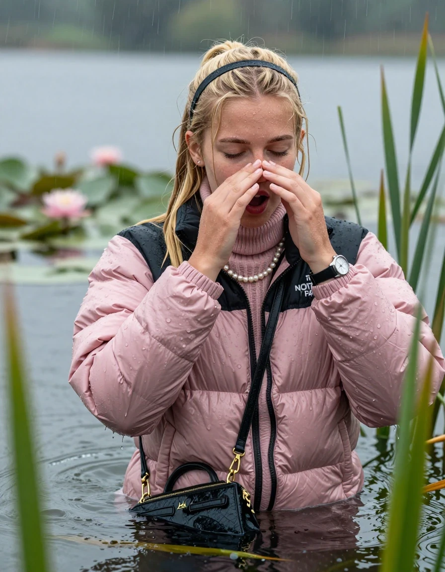 photo of young woman, in soaking wet, drenched clothes,
, , Light pink puffer down jacket from north face,  knit turtleneck sweater, handbag, pearl necklace, bracelet, wristwatch , Emerging after diving in a lake with water lilies and reeds, rain , 
enjoying, wet clothes stuck to body,
detailed textures of the wet clothes, wet face, wet plastered hair,
wet, drenched, professional, high-quality details, full body view.
sharp focus, ultra-high pixel detail, realistic, high-quality, full colors, incredibly detailed, 4k, 8k, 16k, hyper-realistic, RAW photo, masterpiece, ultra-detailed, professionally color graded, professional photograph, Blonde Sleek long ponytail with bangs, hairband

18-years-old  teenage girl

Hold a hand on her nose, open mouth, half closed eyes

she is completely underwater up to her neck, shocked expression.

She hides in the reeds and is surprised by spectators

her submerged clothes are hardly vusible under water, she soaked her handbag into the water

close up view, wet skin, wet clothes, wet hair, damp fabric, water runs down the clothes, wet skin, wet clothes, damp fabric, wet skin, wet clothes, damp fabric, wet skin, wet clothes, damp fabric, wet skin, wet clothes, damp fabric, wet skin, wet clothes, damp fabric, wet skin, wet clothes, damp fabric, wet skin, wet clothes, damp fabric, wet skin, wet clothes, damp fabric, wet skin, wet clothes, damp fabric, wet skin, wet clothes, damp fabric, wet skin, wet clothes, damp fabric, wet skin, wet clothes, damp fabric