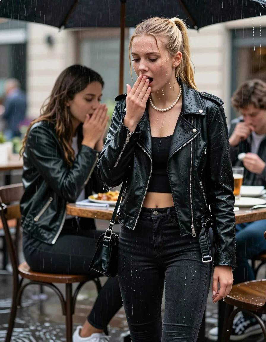 photo of young woman, in soaking wet, drenched clothes,
,  tight black skinny jeans, Black biker leatherjacket, crop top, Pearl necklace, bracelet, shoulderbag, fully soaked 15-years-old teenage girl and her friend sitting under heavy rain at outdoor restaurant, enjoying wet clothes stuck body, 
enjoying, wet clothes stuck to body,
detailed textures of the wet clothes, wet face, wet plastered hair,
wet, drenched, professional, high-quality details, full body view.
sharp focus, ultra-high pixel detail, realistic, high-quality, full colors, incredibly detailed, 4k, 8k, 16k, hyper-realistic, RAW photo, masterpiece, ultra-detailed, professionally color graded, professional photograph, fully soaked 15-years-old young teenage girl. blonde sleek long ponytail. afraid and astonished, open mouth, half closed eyes. holding her hand over her mouth. looking slightly down. wet skin, wet clothes, water runs from her body and her clothes in streams. A lot of water also runs out of her clothes. Her clothes are darkened by the water. Her submerged clothes are clinging wet.  The girls wear different clothes., wet skin, wet clothes, damp fabric, wet skin, wet clothes, damp fabric