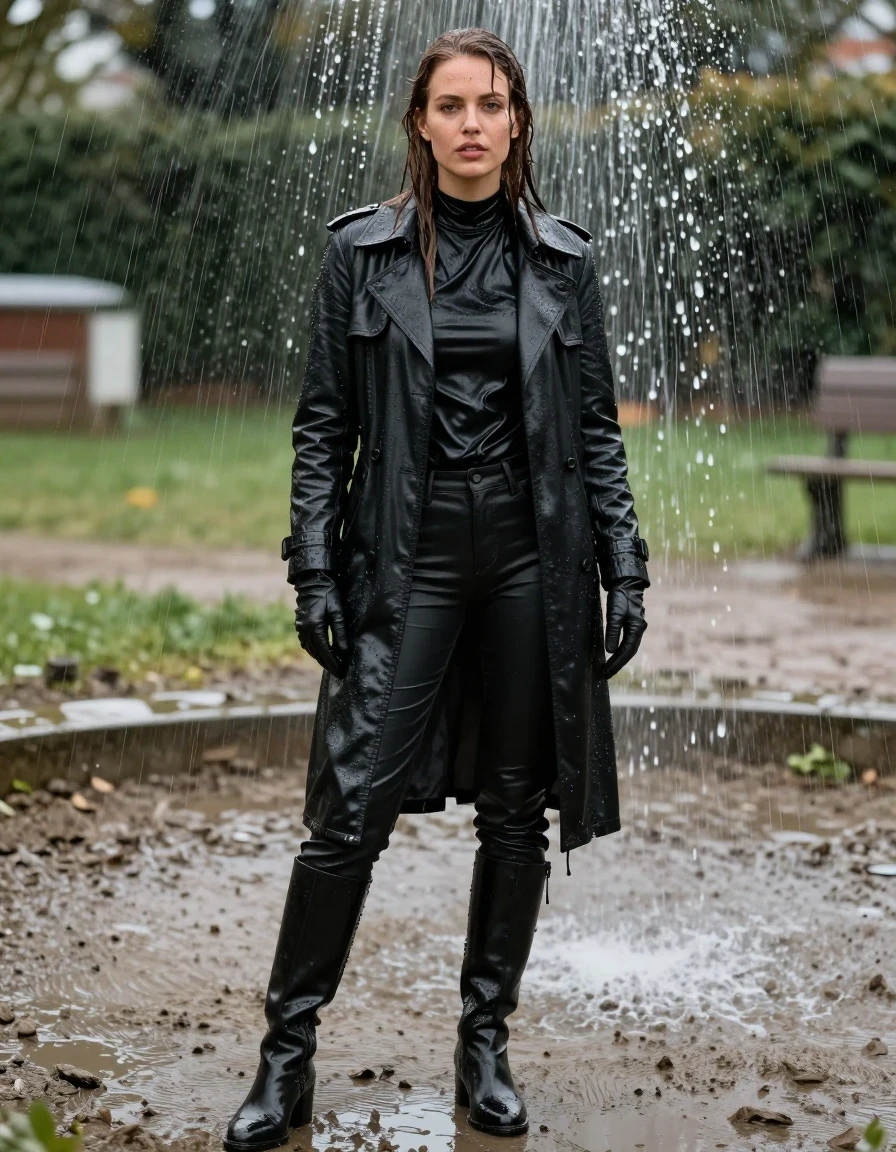 photo of young woman, in soaking wet, drenched clothes,
black leather knee-high boots, black leather jeans, black leather polar neck shirt, leather gloves on both hands, black leather trench coat, standing under a shower, drenched, 
enjoying, wet clothes stuck to body,
detailed textures of the wet clothes, wet face, wet plastered hair,
wet, drenched, professional, high-quality details, full body view.
sharp focus, ultra-high pixel detail, realistic, high-quality, full colors, incredibly detailed, 4k, 8k, 16k, hyper-realistic, RAW photo, masterpiece, ultra-detailed, professionally color graded, professional photograph, white woman, long dripping wet brown hair,, wet skin, wet clothes, damp fabric, standing directly under the water from the fountain, wet skin, wet clothes, damp fabric, covered in mud from the muddy field, wet skin, wet clothes, damp fabric