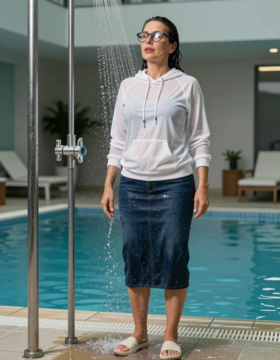 photo of young woman, in soaking wet, drenched clothes,
shoes, long dark blue denim skirt, white hoodie, TAKING SHOWER, indoor swimming pool, enjoying wet clothes stuck body, 
enjoying, wet clothes stuck to body,
detailed textures of the wet clothes, wet face, wet plastered hair,
wet, drenched, professional, high-quality details, full body view.
sharp focus, ultra-high pixel detail, realistic, high-quality, full colors, incredibly detailed, 4k, 8k, 16k, hyper-realistic, RAW photo, masterpiece, ultra-detailed, professionally color graded, professional photograph, europen brunette skinny woman 50 years old, long dark black hair, very big and thick lips,  office glasses, complete body, wet skin, wet clothes, damp fabric, wet skin, wet clothes, damp fabric, wet skin, wet clothes, damp fabric, wet skin, wet clothes, damp fabric, wet skin, wet clothes, damp fabric