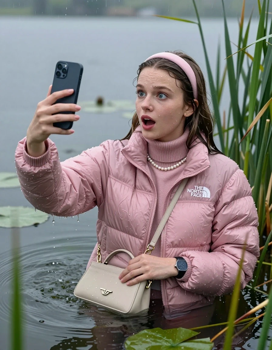 photo of young woman, in soaking wet, drenched clothes,
, , Light pink puffer down jacket from north face,  knit turtleneck sweater, handbag, pearl necklace, bracelet, wristwatch , Emerging after diving in a lake with water lilies and reeds, rain , 
enjoying, wet clothes stuck to body,
detailed textures of the wet clothes, wet face, wet plastered hair,
wet, drenched, professional, high-quality details, full body view.
sharp focus, ultra-high pixel detail, realistic, high-quality, full colors, incredibly detailed, 4k, 8k, 16k, hyper-realistic, RAW photo, masterpiece, ultra-detailed, professionally color graded, professional photograph, Sleek long straight hair, hairband

19 years old  teenage girl

take a selfie with her Smartphone, open mouth, big eyes

she is completely underwater up to her neck, afraid  and astonished expression.

She hides in the reeds and is surprised by spectators

her submerged clothes are hardly vusible under water, she soaked her handbag into the water

close up view, wet skin, wet clothes, wet hair, damp fabric, water runs down the clothes, wet skin, wet clothes, damp fabric, wet skin, wet clothes, damp fabric, wet skin, wet clothes, damp fabric, wet skin, wet clothes, damp fabric, wet skin, wet clothes, damp fabric, wet skin, wet clothes, damp fabric, wet skin, wet clothes, damp fabric, wet skin, wet clothes, damp fabric, wet skin, wet clothes, damp fabric, wet skin, wet clothes, damp fabric, wet skin, wet clothes, damp fabric, wet skin, wet clothes, damp fabric