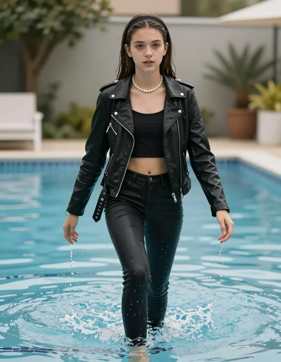 photo of young woman, in soaking wet, drenched clothes,
pumps, soaking wet tight skinny jeans, Black biker leatherjacket, crop top, Pearl necklace, coming out of the pool fully soaked, 
enjoying, wet clothes stuck to body,
detailed textures of the wet clothes, wet face, wet plastered hair,
wet, drenched, professional, high-quality details, full body view.
sharp focus, ultra-high pixel detail, realistic, high-quality, full colors, incredibly detailed, 4k, 8k, 16k, hyper-realistic, RAW photo, masterpiece, ultra-detailed, professionally color graded, professional photograph, A realistic vertical fashion photograph of a 15-years-old young teenage girl. sleek long straight hair with hairband. looking at camera., wet skin, wet clothes, damp fabric, wet skin, wet clothes, damp fabric
