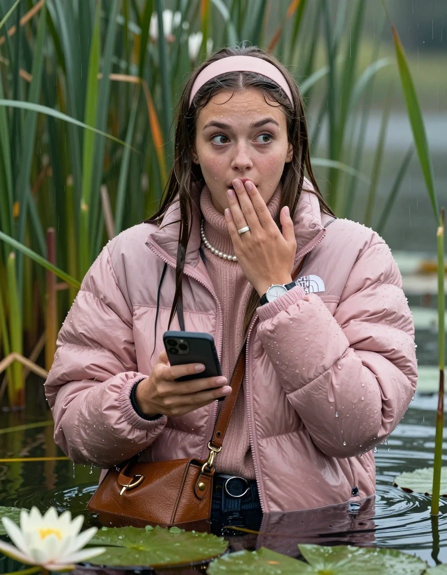 photo of young woman, in soaking wet, drenched clothes,
, , Light pink puffer down jacket from north face,  knit turtleneck sweater, handbag, pearl necklace, bracelet, wristwatch , Emerging after diving in a lake with water lilies and reeds, rain , 
enjoying, wet clothes stuck to body,
detailed textures of the wet clothes, wet face, wet plastered hair,
wet, drenched, professional, high-quality details, full body view.
sharp focus, ultra-high pixel detail, realistic, high-quality, full colors, incredibly detailed, 4k, 8k, 16k, hyper-realistic, RAW photo, masterpiece, ultra-detailed, professionally color graded, professional photograph, Sleek long straight hair, hairband

19 years old  teenage girl

open mouth, big eyes, hold one hand over her mouth and in the other hand her smartphone. Looking to the side.

she is completely underwater up to her neck, afraid and astonished expression.

She hides in the reeds and is surprised by spectators

her submerged clothes are hardly vusible under water, she soaked her handbag into the water

close up view, wet skin, wet clothes, wet hair, damp fabric, water runs down the clothes, wet skin, wet clothes, damp fabric, wet skin, wet clothes, damp fabric, wet skin, wet clothes, damp fabric, wet skin, wet clothes, damp fabric, wet skin, wet clothes, damp fabric, wet skin, wet clothes, damp fabric, wet skin, wet clothes, damp fabric, wet skin, wet clothes, damp fabric, wet skin, wet clothes, damp fabric, wet skin, wet clothes, damp fabric, wet skin, wet clothes, damp fabric, wet skin, wet clothes, damp fabric, wet skin, wet clothes, damp fabric, wet skin, wet clothes, damp fabric