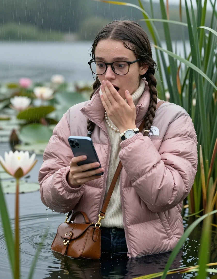 photo of young woman, in soaking wet, drenched clothes,
, , Light pink puffer down jacket from north face,  knit turtleneck sweater, handbag, pearl necklace, bracelet, wristwatch, glasses, Emerging after diving in a lake with water lilies and reeds, rain , 
enjoying, wet clothes stuck to body,
detailed textures of the wet clothes, wet face, wet plastered hair,
wet, drenched, professional, high-quality details, full body view.
sharp focus, ultra-high pixel detail, realistic, high-quality, full colors, incredibly detailed, 4k, 8k, 16k, hyper-realistic, RAW photo, masterpiece, ultra-detailed, professionally color graded, professional photograph, Two sleek long braids, hairband

19 years old  teenage girl

open mouth, big eyes, hold one hand over her mouth and in the other hand her smartphone. Looking to the side.

she is completely underwater up to her neck, afraid and astonished expression.

She hides in the reeds and is surprised by spectators

her submerged clothes are hardly vusible under water, she soaked her handbag into the water

close up view, wet skin, wet clothes, wet hair, damp fabric, water runs down the clothes, wet skin, wet clothes, damp fabric, wet skin, wet clothes, damp fabric, wet skin, wet clothes, damp fabric, wet skin, wet clothes, damp fabric, wet skin, wet clothes, damp fabric, wet skin, wet clothes, damp fabric, wet skin, wet clothes, damp fabric, wet skin, wet clothes, damp fabric, wet skin, wet clothes, damp fabric, wet skin, wet clothes, damp fabric, wet skin, wet clothes, damp fabric, wet skin, wet clothes, damp fabric, wet skin, wet clothes, damp fabric, wet skin, wet clothes, damp fabric