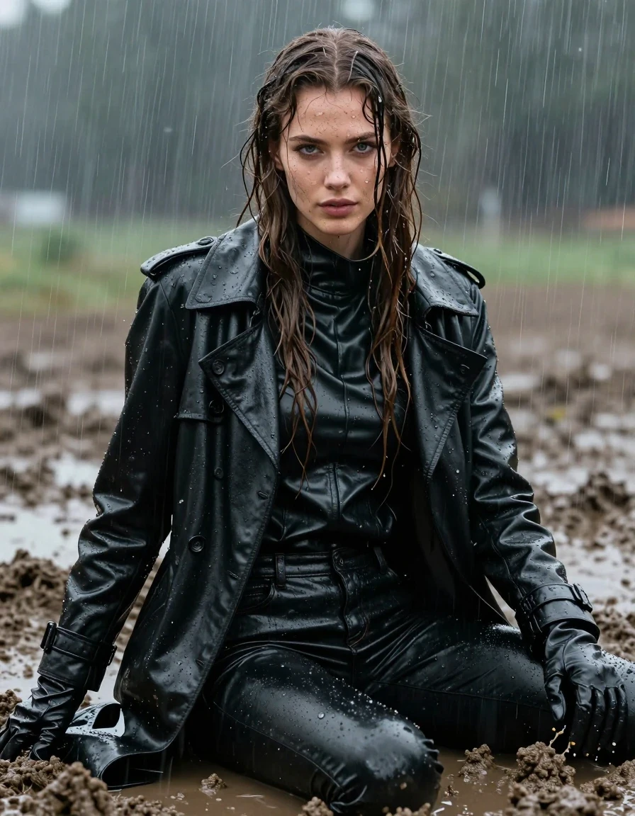 A photorealistic portrait of a young adult European woman with long dripping wet brown hair, sitting in a mud pit during a heavy rainstorm. She is wearing a black leather polar neck shirt, a black leather trench coat, black leather gloves on both hands, and black leather jeans. The leather garments are heavily saturated with water, displaying a high-gloss wet sheen, water droplets, and dark, clinging folds. Her skin is slick with rainwater and smeared with mud, and her hair hangs in heavy, wet, matted strands. The scene is set in a muddy field under a torrential downpour, with mud splattered across her face, hair, and clothing. The lighting is moody and cinematic, highlighting the reflective wet textures of the leather and the thick, viscous mud. The image is captured with professional photography equipment, focusing on sharp details, realistic skin textures, and the interplay between the slick leather and the wet environment. No nudity, clean and modest presentation, high-resolution, sharp focus, hyper-realistic wet effects.