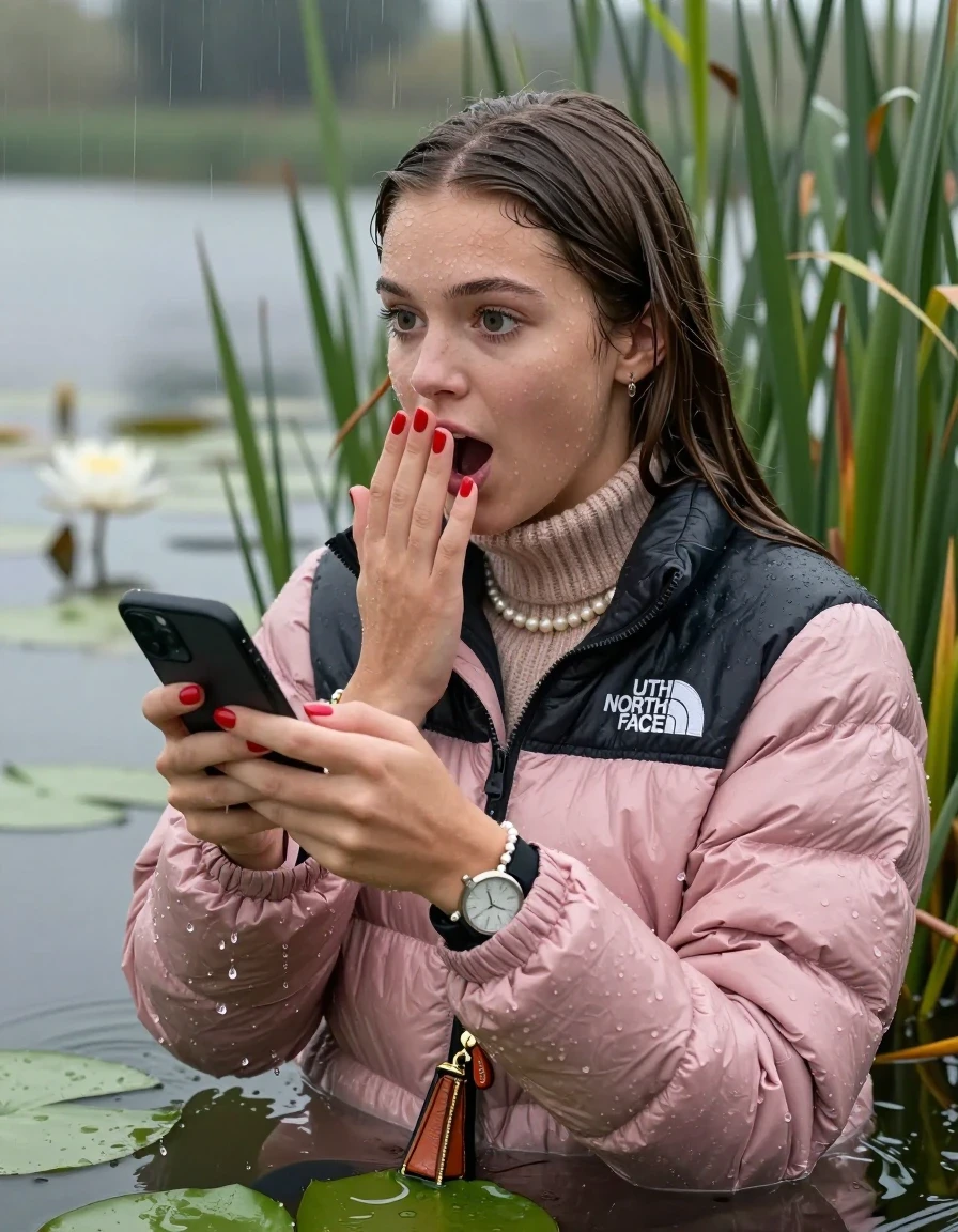 photo of young woman, in soaking wet, drenched clothes,
, , Light pink puffer down jacket from north face,  knit turtleneck sweater, handbag, pearl necklace, bracelet, wristwatch , red nails, Emerging after diving in a lake with water lilies and reeds, rain , 
enjoying, wet clothes stuck to body,
detailed textures of the wet clothes, wet face, wet plastered hair,
wet, drenched, professional, high-quality details, full body view.
sharp focus, ultra-high pixel detail, realistic, high-quality, full colors, incredibly detailed, 4k, 8k, 16k, hyper-realistic, RAW photo, masterpiece, ultra-detailed, professionally color graded, professional photograph, Brunette Sleek long straight hair

19 years old  teenage girl

open mouth, big eyes, hold one hand over her mouth and in the other hand her smartphone. Looking to the side.

she is completely underwater up to her neck, afraid and astonished expression.

She hides in the reeds and is surprised by spectators

her submerged clothes are hardly vusible under water, she soaked her handbag into the water

close up view, wet skin, wet clothes, wet hair, damp fabric, water runs down the clothes, wet skin, wet clothes, damp fabric, wet skin, wet clothes, damp fabric, wet skin, wet clothes, damp fabric, wet skin, wet clothes, damp fabric, wet skin, wet clothes, damp fabric, wet skin, wet clothes, damp fabric, wet skin, wet clothes, damp fabric, wet skin, wet clothes, damp fabric, wet skin, wet clothes, damp fabric, wet skin, wet clothes, damp fabric, wet skin, wet clothes, damp fabric, wet skin, wet clothes, damp fabric, wet skin, wet clothes, damp fabric, wet skin, wet clothes, damp fabric, wet skin, wet clothes, damp fabric