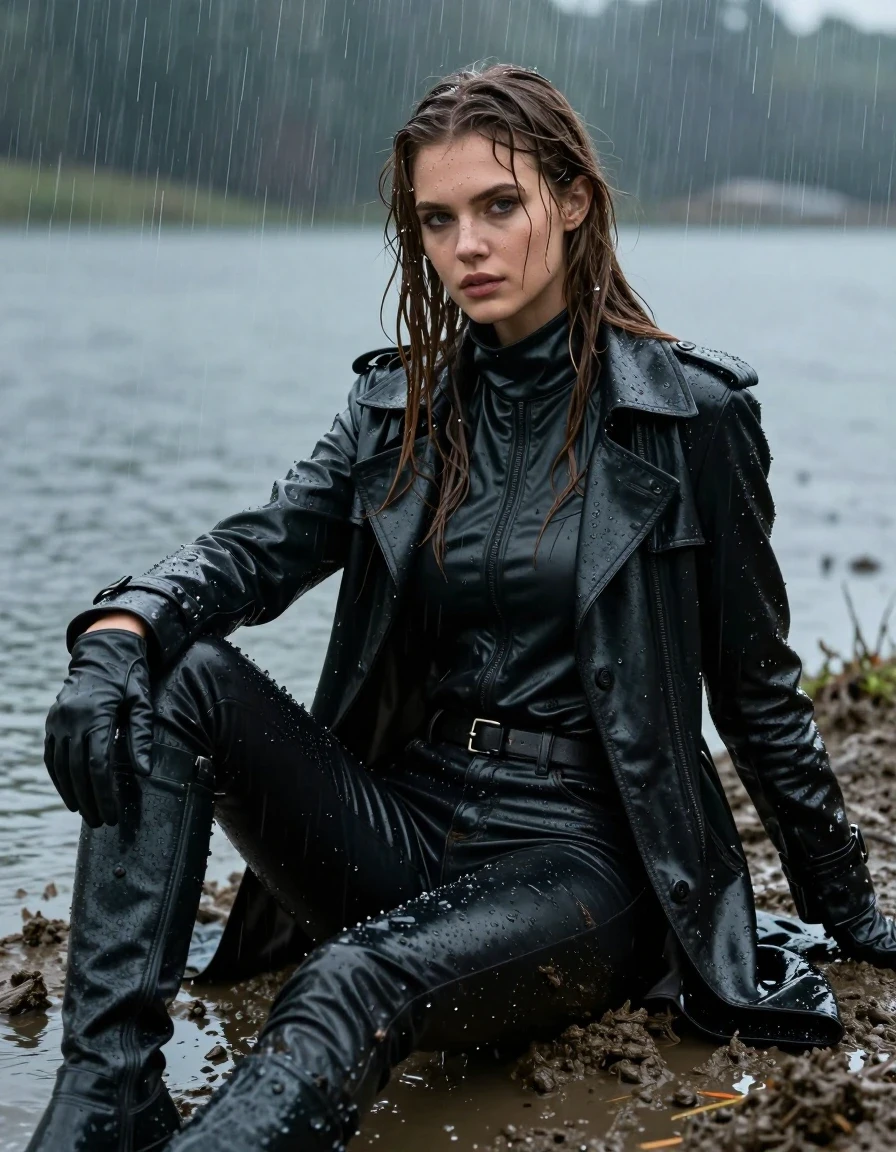 A photorealistic medium shot of a young adult European woman with long dripping wet brown hair, captured in a high-detail cinematic style. She is sitting in a lake during a heavy rainstorm, her skin and clothes completely drenched. She is wearing a black leather polar neck shirt, black leather jeans, a black leather trench coat, and black leather gloves on both hands, paired with black leather knee-high boots. The leather garments are heavily soaked, showing deep water sheen, clinging to her frame, and reflecting the dim ambient light with realistic specular highlights. Her clothes and skin are heavily splattered and smeared with thick, dark mud from a nearby muddy field. The scene is set under a heavy downpour with water cascading over her. The lighting is moody and overcast, highlighting the textures of the wet leather, the dripping hair, and the mud-caked surfaces. High-resolution photography, sharp focus on the subject, intricate details of water droplets and fabric folds, 8k resolution, professional color grading, fully clothed, modest attire.