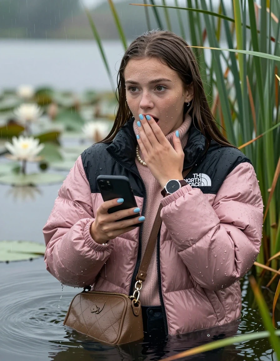 photo of young woman, in soaking wet, drenched clothes,
, , Light pink puffer down jacket from north face,  knit turtleneck sweater, handbag, pearl necklace, bracelet, wristwatch , light blue nails, Emerging after diving in a lake with water lilies and reeds, rain , 
enjoying, wet clothes stuck to body,
detailed textures of the wet clothes, wet face, wet plastered hair,
wet, drenched, professional, high-quality details, full body view.
sharp focus, ultra-high pixel detail, realistic, high-quality, full colors, incredibly detailed, 4k, 8k, 16k, hyper-realistic, RAW photo, masterpiece, ultra-detailed, professionally color graded, professional photograph, Brunette Sleek long straight hair

19 years old  teenage girl

open mouth, big eyes, hold one hand over her mouth and in the other hand her smartphone. Looking to the side.

she is completely underwater up to her neck, afraid and astonished expression.

She hides in the reeds and is surprised by spectators

her submerged clothes are hardly vusible under water, she soaked her handbag into the water

close up view, wet skin, wet clothes, wet hair, damp fabric, water runs down the clothes, wet skin, wet clothes, damp fabric, wet skin, wet clothes, damp fabric, wet skin, wet clothes, damp fabric, wet skin, wet clothes, damp fabric, wet skin, wet clothes, damp fabric, wet skin, wet clothes, damp fabric, wet skin, wet clothes, damp fabric, wet skin, wet clothes, damp fabric, wet skin, wet clothes, damp fabric, wet skin, wet clothes, damp fabric, wet skin, wet clothes, damp fabric, wet skin, wet clothes, damp fabric, wet skin, wet clothes, damp fabric, wet skin, wet clothes, damp fabric, wet skin, wet clothes, damp fabric