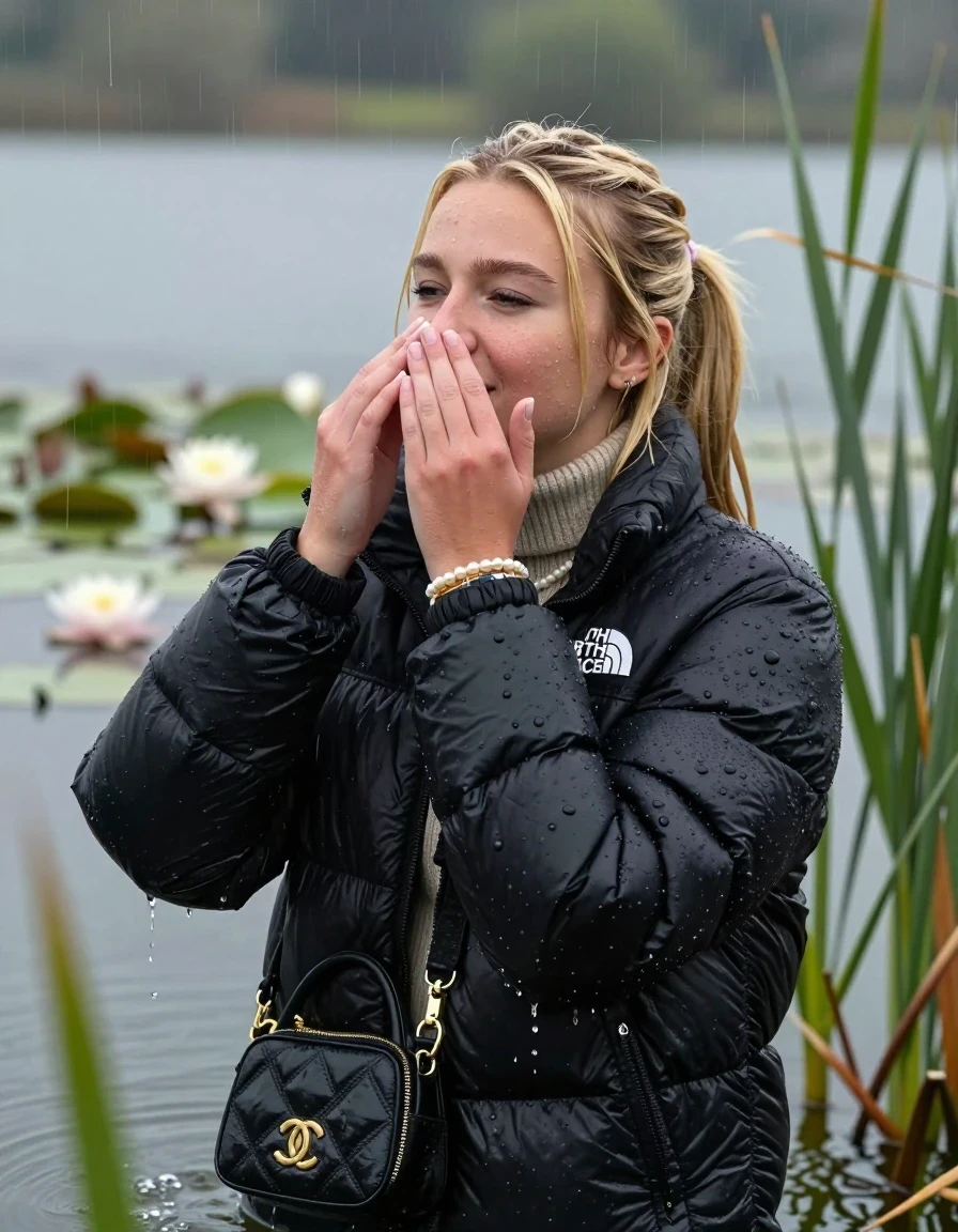 photo of young woman, in soaking wet, drenched clothes,
, , Black puffer down jacket from north face,  knit turtleneck sweater, handbag, pearl necklace, bracelet, wristwatch , Emerging after diving in a lake with water lilies and reeds, rain , 
enjoying, wet clothes stuck to body,
detailed textures of the wet clothes, wet face, wet plastered hair,
wet, drenched, professional, high-quality details, full body view.
sharp focus, ultra-high pixel detail, realistic, high-quality, full colors, incredibly detailed, 4k, 8k, 16k, hyper-realistic, RAW photo, masterpiece, ultra-detailed, professionally color graded, professional photograph, Blonde Sleek long ponytail with bangs, hairband

18-years-old  teenage girl

Close her nose with Two Fingers, closed mouth, half closed eyes, looking up

she is completely underwater up to her neck, aroused expression.

She hides in the reeds and is surprised by spectators

her submerged clothes are hardly vusible under water, she soaked her handbag into the water

close up view, wet skin, wet clothes, wet hair, damp fabric, water runs down the clothes, wet skin, wet clothes, damp fabric, wet skin, wet clothes, damp fabric, wet skin, wet clothes, damp fabric, wet skin, wet clothes, damp fabric, wet skin, wet clothes, damp fabric, wet skin, wet clothes, damp fabric, wet skin, wet clothes, damp fabric, wet skin, wet clothes, damp fabric, wet skin, wet clothes, damp fabric, wet skin, wet clothes, damp fabric, wet skin, wet clothes, damp fabric, wet skin, wet clothes, damp fabric