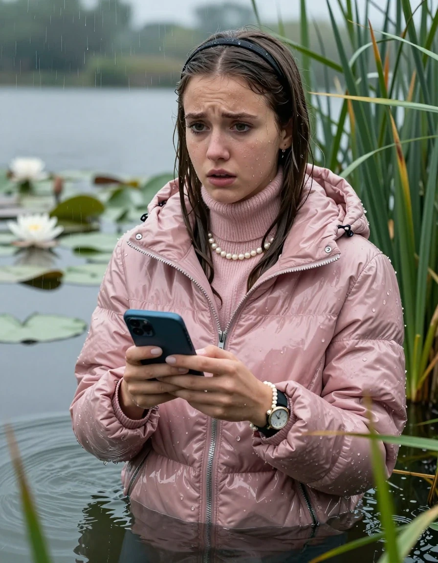photo of young woman, in soaking wet, drenched clothes,
, , Light pink shiny puffer down jacket from monclare,  knit turtleneck sweater, handbag, pearl necklace, bracelet, wristwatch , Emerging after diving in a lake with water lilies and reeds, rain , 
enjoying, wet clothes stuck to body,
detailed textures of the wet clothes, wet face, wet plastered hair,
wet, drenched, professional, high-quality details, full body view.
sharp focus, ultra-high pixel detail, realistic, high-quality, full colors, incredibly detailed, 4k, 8k, 16k, hyper-realistic, RAW photo, masterpiece, ultra-detailed, professionally color graded, professional photograph, Sleek long straight hair, hairband

19 years old  teenage girl

open mouth, big eyes, hold her smartphone in her hands. Looking slightly away.

she is completely underwater up to her neck, frustrated and sad expression.

She hides in the reeds and is surprised by spectators

her submerged clothes are hardly vusible under water, she soaked her handbag into the water

close up view, wet skin, wet clothes, wet hair, damp fabric, water runs down the clothes, wet skin, wet clothes, damp fabric, wet skin, wet clothes, damp fabric, wet skin, wet clothes, damp fabric, wet skin, wet clothes, damp fabric, wet skin, wet clothes, damp fabric, wet skin, wet clothes, damp fabric, wet skin, wet clothes, damp fabric, wet skin, wet clothes, damp fabric, wet skin, wet clothes, damp fabric, wet skin, wet clothes, damp fabric, wet skin, wet clothes, damp fabric, wet skin, wet clothes, damp fabric, wet skin, wet clothes, damp fabric, wet skin, wet clothes, damp fabric