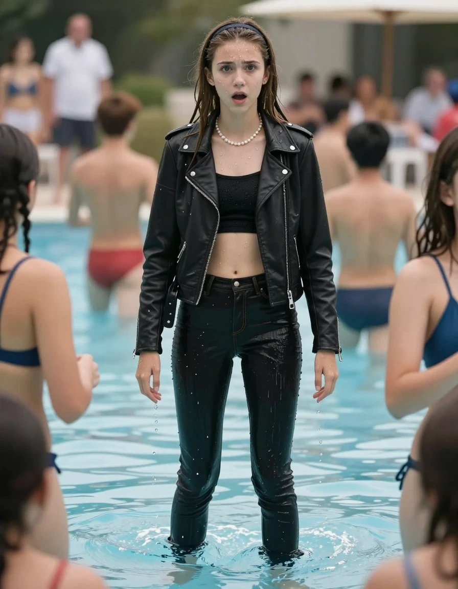 photo of young woman, in soaking wet, drenched clothes,
pumps, soaking wet tight skinny jeans, Black biker leatherjacket, crop top, Pearl necklace, standing waste deep in a crowded pool, 
enjoying, wet clothes stuck to body,
detailed textures of the wet clothes, wet face, wet plastered hair,
wet, drenched, professional, high-quality details, full body view.
sharp focus, ultra-high pixel detail, realistic, high-quality, full colors, incredibly detailed, 4k, 8k, 16k, hyper-realistic, RAW photo, masterpiece, ultra-detailed, professionally color graded, professional photograph, A realistic vertical fashion photograph of a 15-years-old young teenage girl. sleek long straight hair with hairband. Afraid and astonished, open mouth, big eyes. looking at camera., wet skin, wet clothes, damp fabric, wet skin, wet clothes, damp fabric