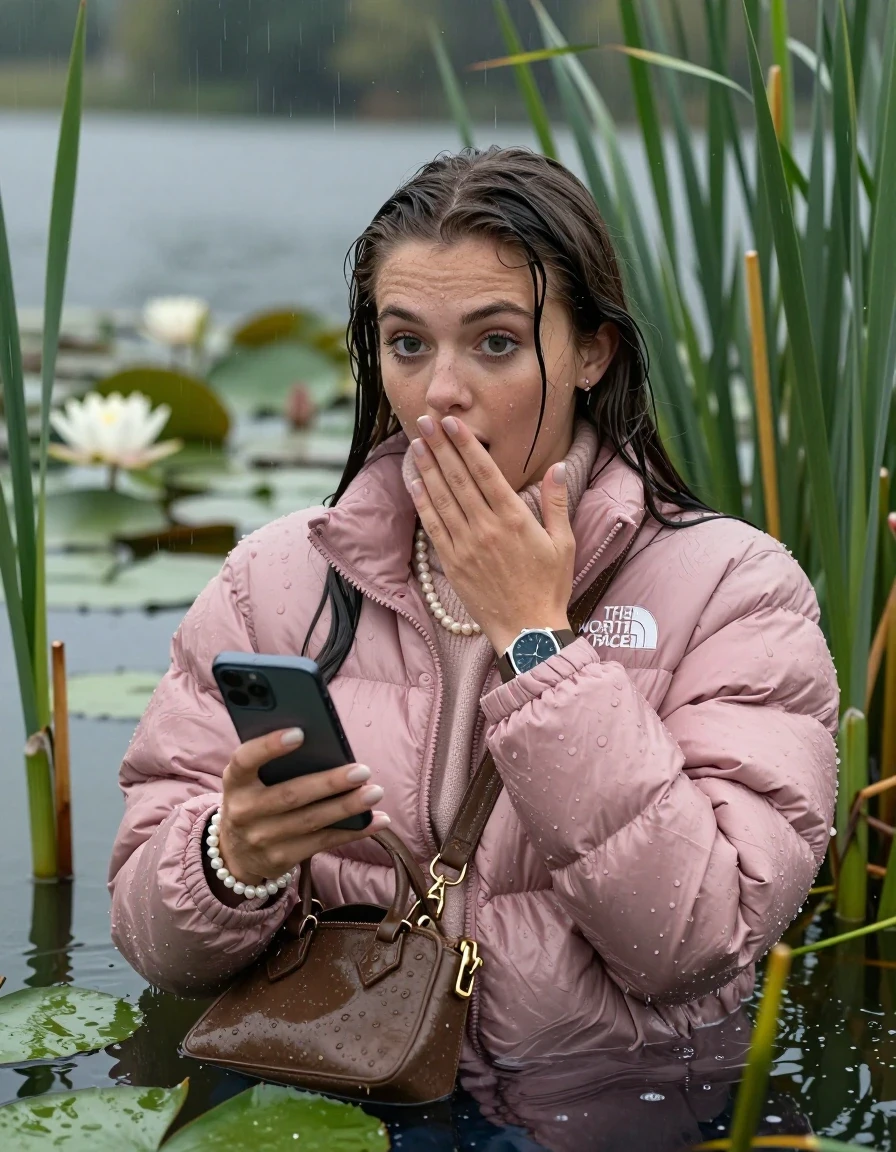 photo of young woman, in soaking wet, drenched clothes,
, , Light pink puffer down jacket from north face,  knit turtleneck sweater, handbag, pearl necklace, bracelet, wristwatch , Emerging after diving in a lake with water lilies and reeds, rain , 
enjoying, wet clothes stuck to body,
detailed textures of the wet clothes, wet face, wet plastered hair,
wet, drenched, professional, high-quality details, full body view.
sharp focus, ultra-high pixel detail, realistic, high-quality, full colors, incredibly detailed, 4k, 8k, 16k, hyper-realistic, RAW photo, masterpiece, ultra-detailed, professionally color graded, professional photograph, Brunette Sleek long straight hair

19 years old  teenage girl

open mouth, big eyes, cover her mouth with a hand and in the other hand her smartphone. Laying her head on the surface.  Looking at camera.

she is completely underwater up to her neck, afraid and astonished expression.

She hides in the reeds and is surprised by spectators

her submerged clothes are hardly vusible under water, she soaked her handbag into the water

close up view, wet skin, wet clothes, wet hair, damp fabric, water runs down the clothes, wet skin, wet clothes, damp fabric, wet skin, wet clothes, damp fabric, wet skin, wet clothes, damp fabric, wet skin, wet clothes, damp fabric, wet skin, wet clothes, damp fabric, wet skin, wet clothes, damp fabric, wet skin, wet clothes, damp fabric, wet skin, wet clothes, damp fabric, wet skin, wet clothes, damp fabric, wet skin, wet clothes, damp fabric, wet skin, wet clothes, damp fabric, wet skin, wet clothes, damp fabric, wet skin, wet clothes, damp fabric, wet skin, wet clothes, damp fabric, wet skin, wet clothes, damp fabric