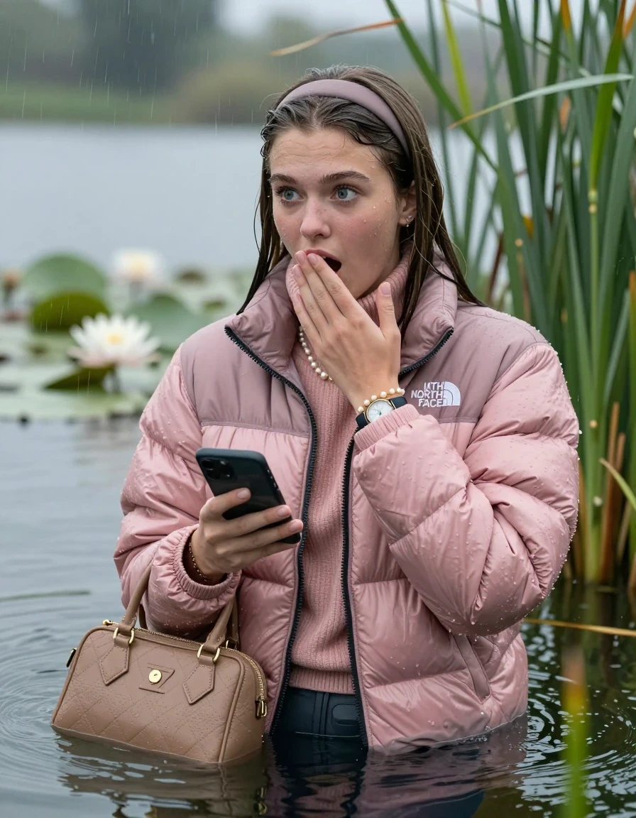 photo of young woman, in soaking wet, drenched clothes,
, , Light pink puffer down jacket from north face,  knit turtleneck sweater, handbag, pearl necklace, bracelet, wristwatch , Emerging after diving in a lake with water lilies and reeds, rain , 
enjoying, wet clothes stuck to body,
detailed textures of the wet clothes, wet face, wet plastered hair,
wet, drenched, professional, high-quality details, full body view.
sharp focus, ultra-high pixel detail, realistic, high-quality, full colors, incredibly detailed, 4k, 8k, 16k, hyper-realistic, RAW photo, masterpiece, ultra-detailed, professionally color graded, professional photograph, Sleek long straight hair, hairband

19 years old  teenage girl

open mouth, big eyes, hold one hand over her mouth and in the other hand her smartphone. Looking to the side.

she is completely underwater up to her neck, afraid and astonished expression.

She hides in the reeds and is surprised by spectators

her submerged clothes are hardly vusible under water, she soaked her handbag into the water

close up view, wet skin, wet clothes, wet hair, damp fabric, water runs down the clothes, wet skin, wet clothes, damp fabric, wet skin, wet clothes, damp fabric, wet skin, wet clothes, damp fabric, wet skin, wet clothes, damp fabric, wet skin, wet clothes, damp fabric, wet skin, wet clothes, damp fabric, wet skin, wet clothes, damp fabric, wet skin, wet clothes, damp fabric, wet skin, wet clothes, damp fabric, wet skin, wet clothes, damp fabric, wet skin, wet clothes, damp fabric, wet skin, wet clothes, damp fabric, wet skin, wet clothes, damp fabric, wet skin, wet clothes, damp fabric